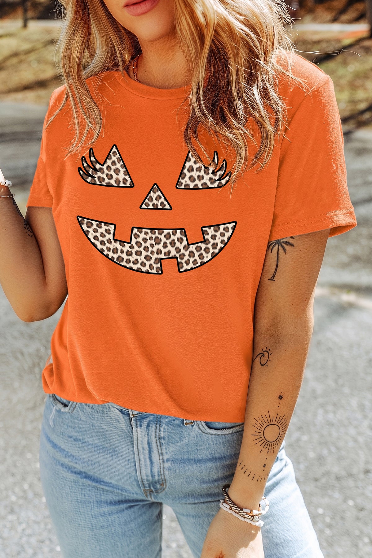 Orange Leopard Print Halloween Pumpkin Face Round Neck Casual Tee
