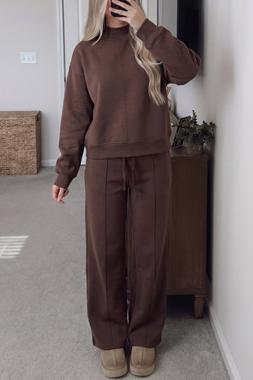 Coffee Solid Color Piping Trim Mock Neck Pullover Drawstring Pants Set