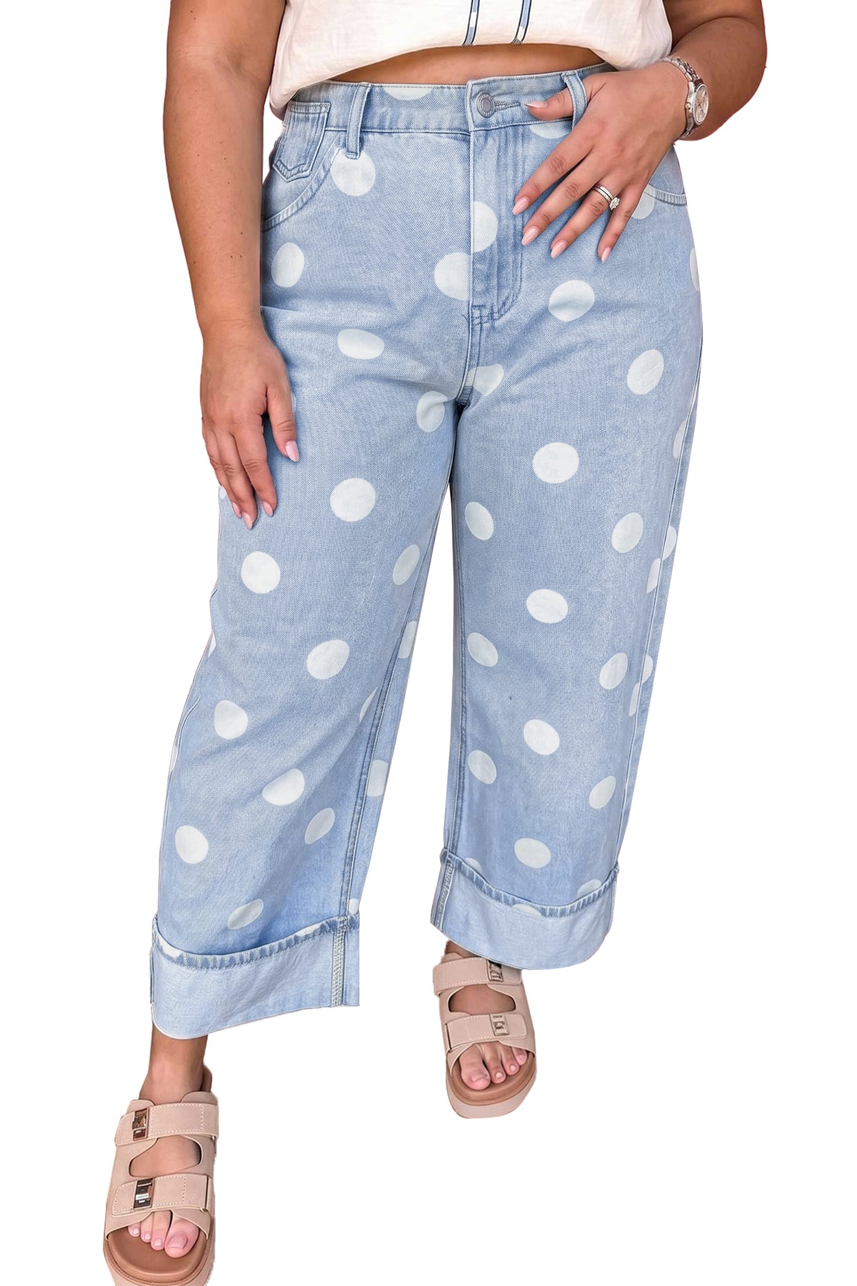 Sky Blue Polka Dot Full Length Regular Fit Plus Size Jeans