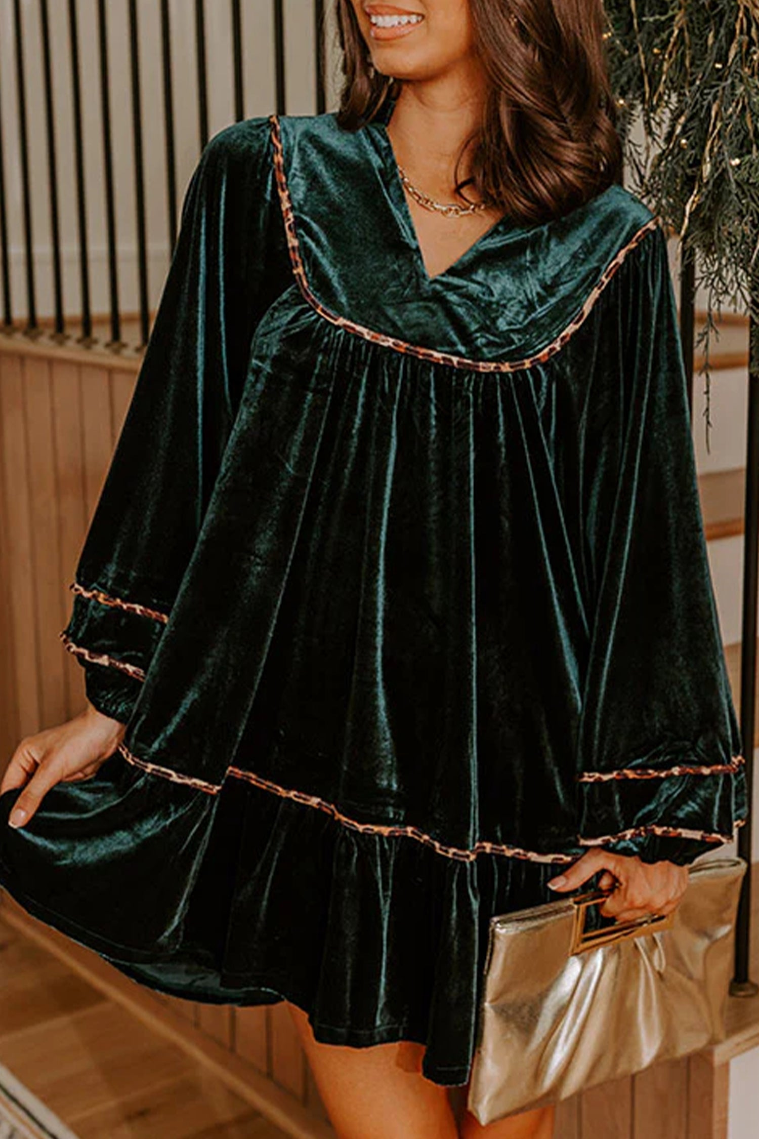 Blackish Green Leopard Trim Velvet Long Sleeve Shift Dress