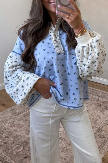Sky Blue Floral Print Contrast Long Sleeve Tops