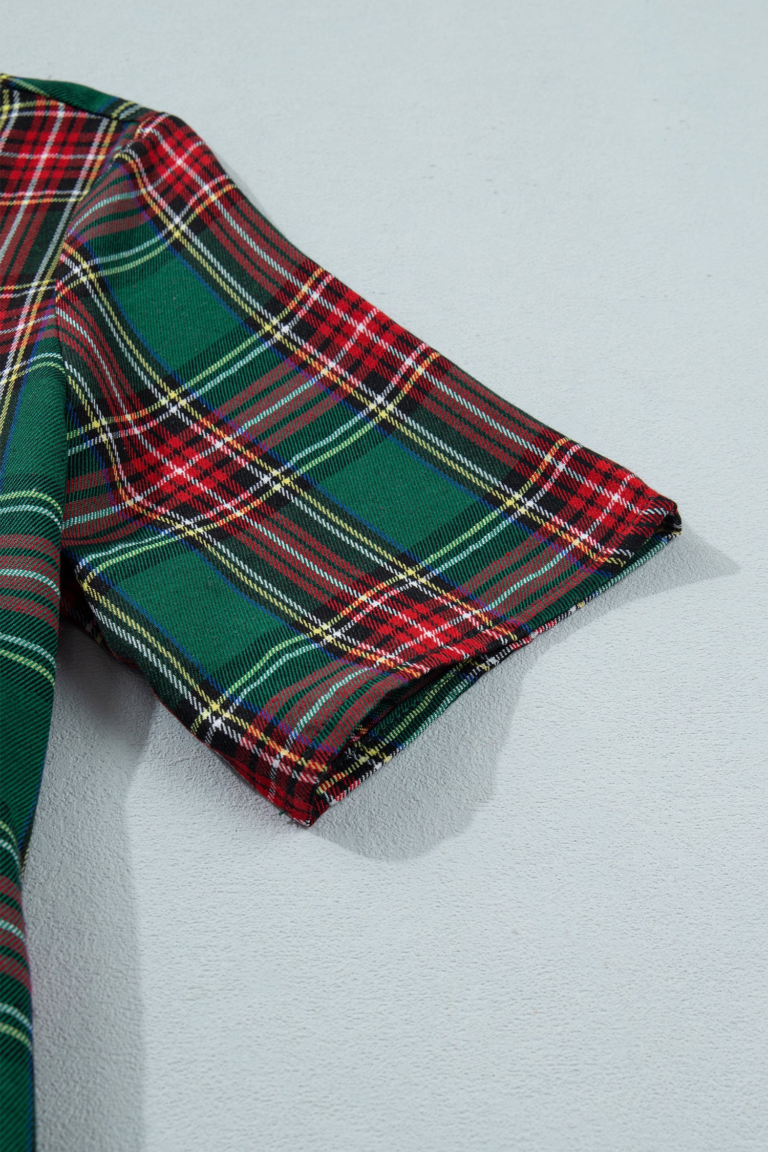 Green Plaid Button Front Short Sleeve Shift Dress