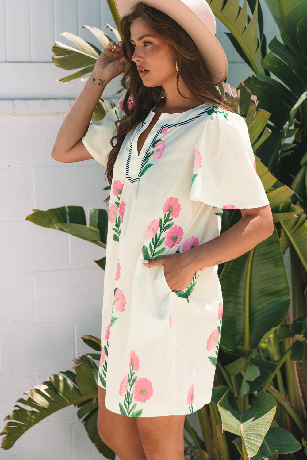 Apricot Floral Short Sleeve Split Neck Loose Mini Dress