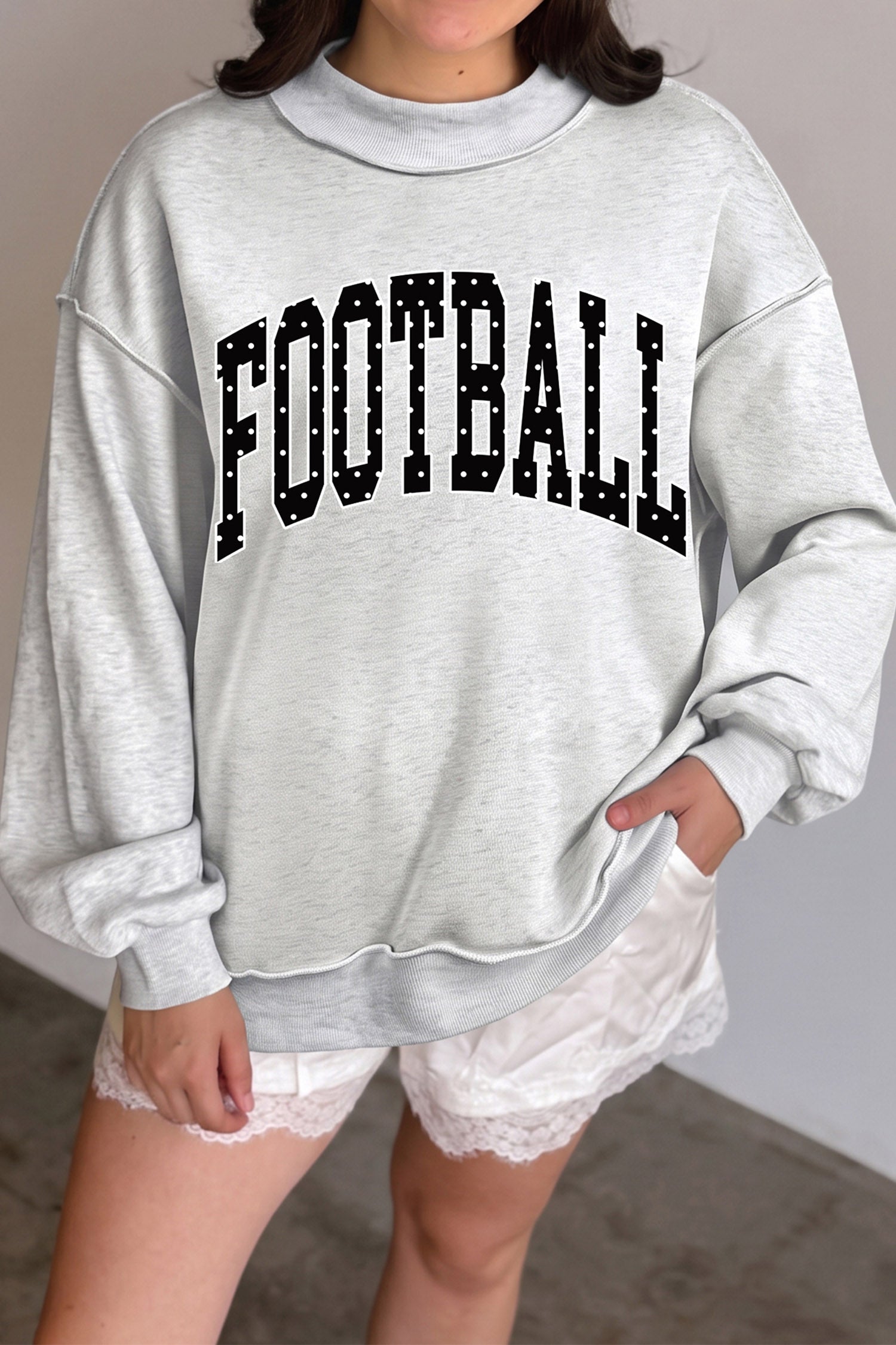 Light Grey Polka Dot Football Letter Print Mock Neck Long Sleeve Pullover Sweatshirt