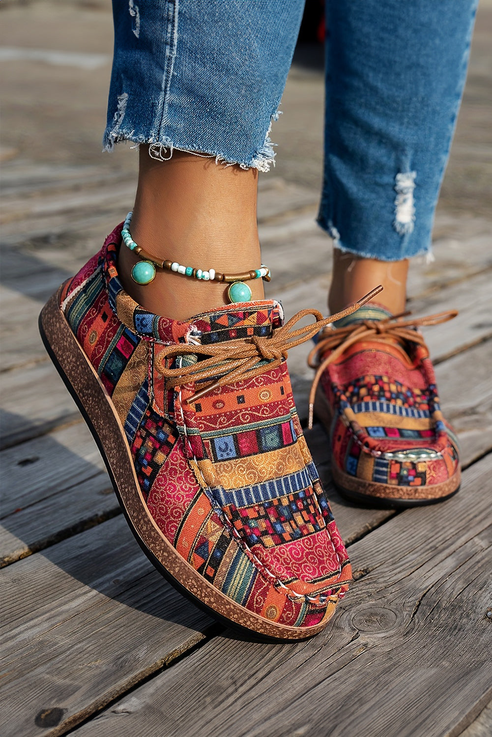 Racing Red Western Print Faux Suede Lace-up Decor Slip On Shoes