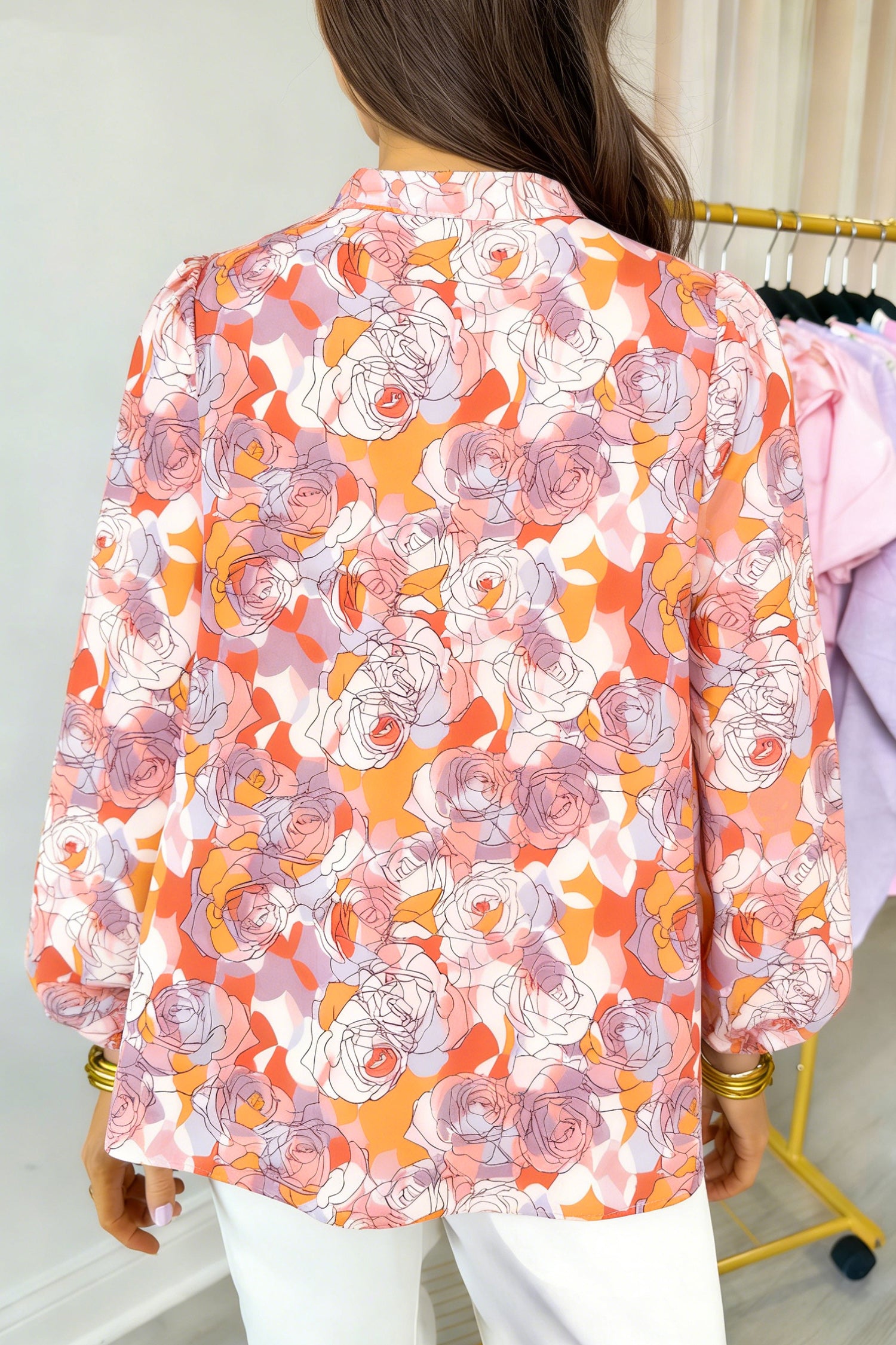 Pink Floral Print V Neck Long Sleeve Shift Blouse