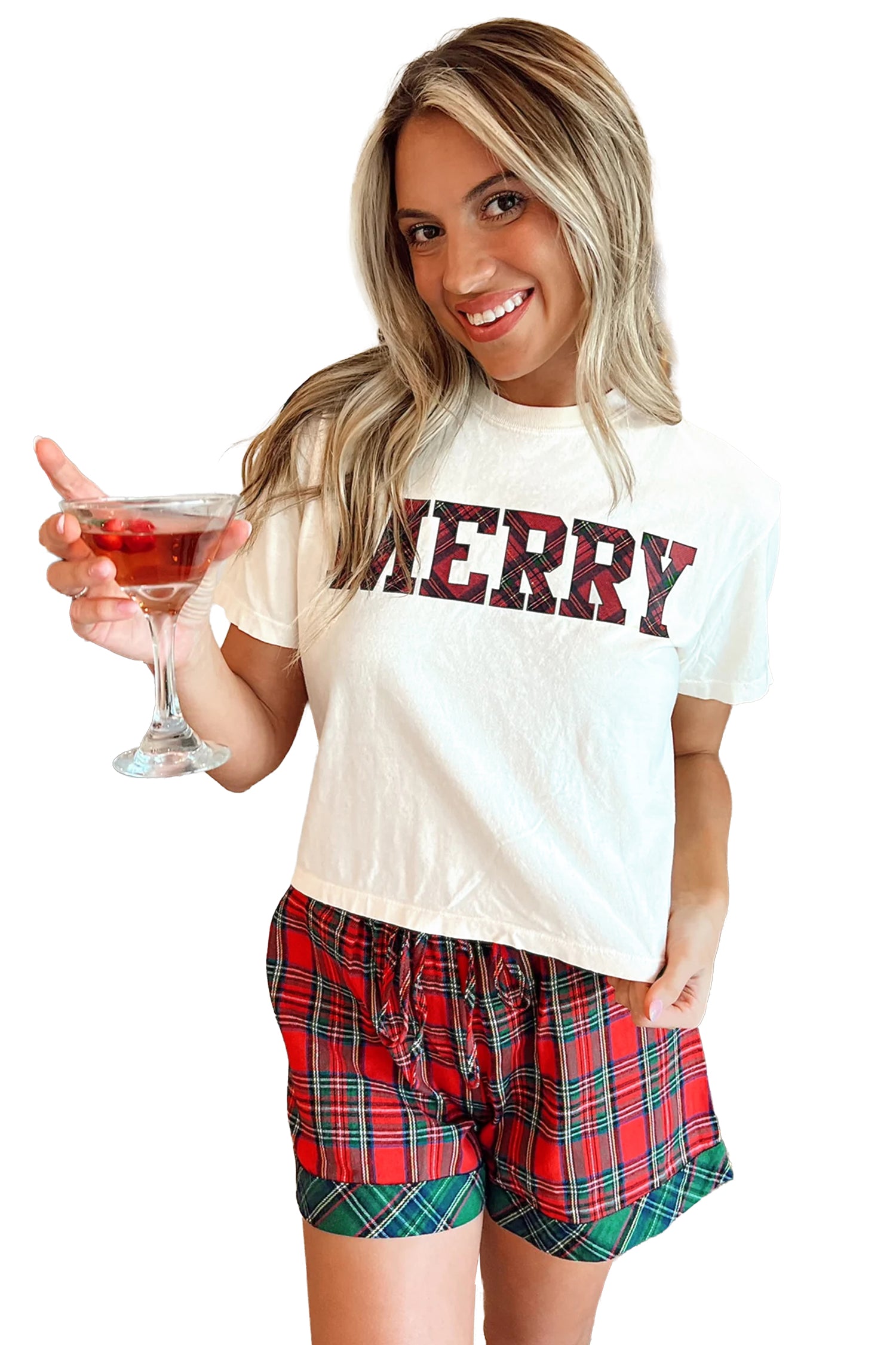 White Plaid Letter Print Short Sleeve Top Elastic Waist Pocket Shorts Lounge Set