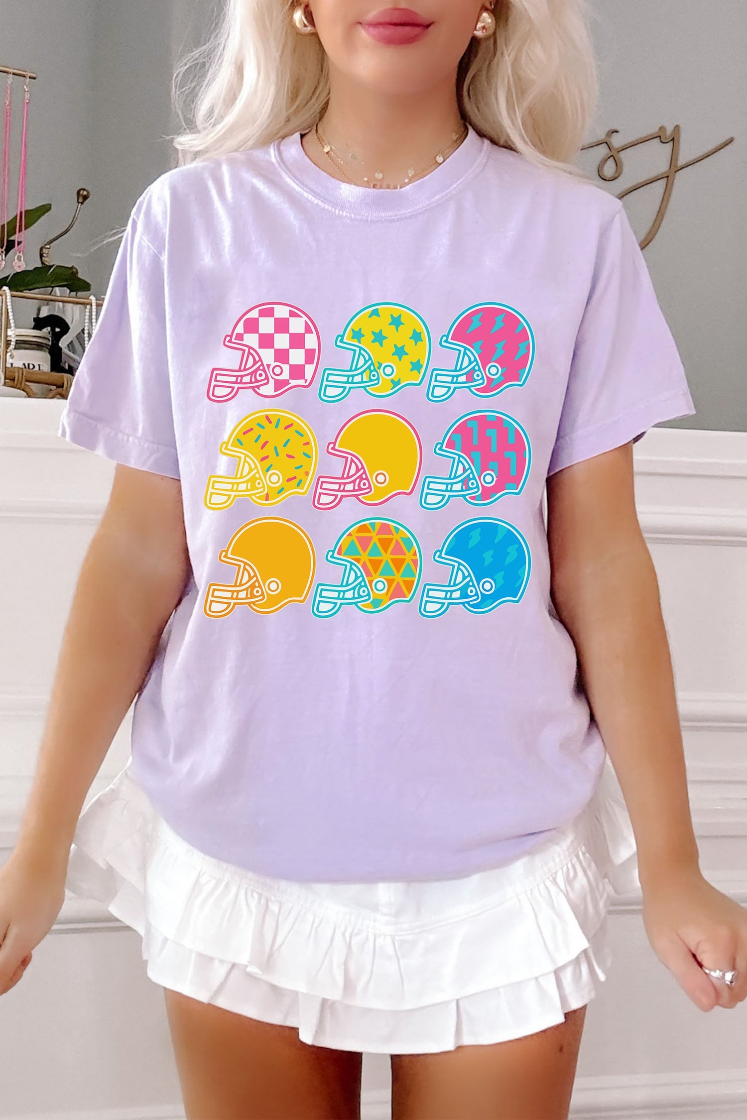 Orchid Petal Game Day Helmet Print Relaxed Crew Neck Tee