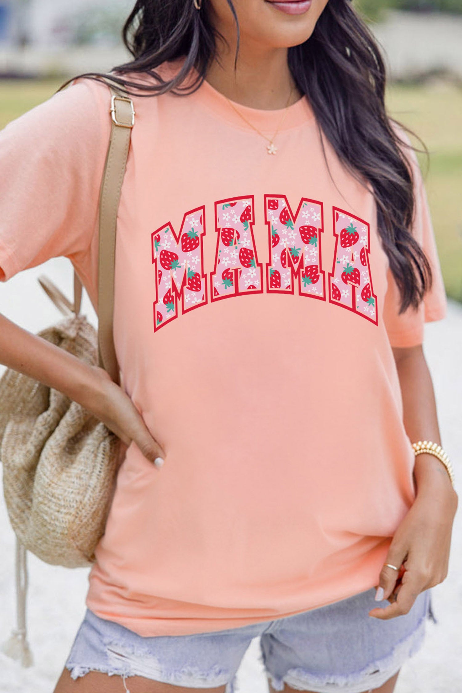 Pink Floral Strawberry MAMA Lettering Graphic Tee