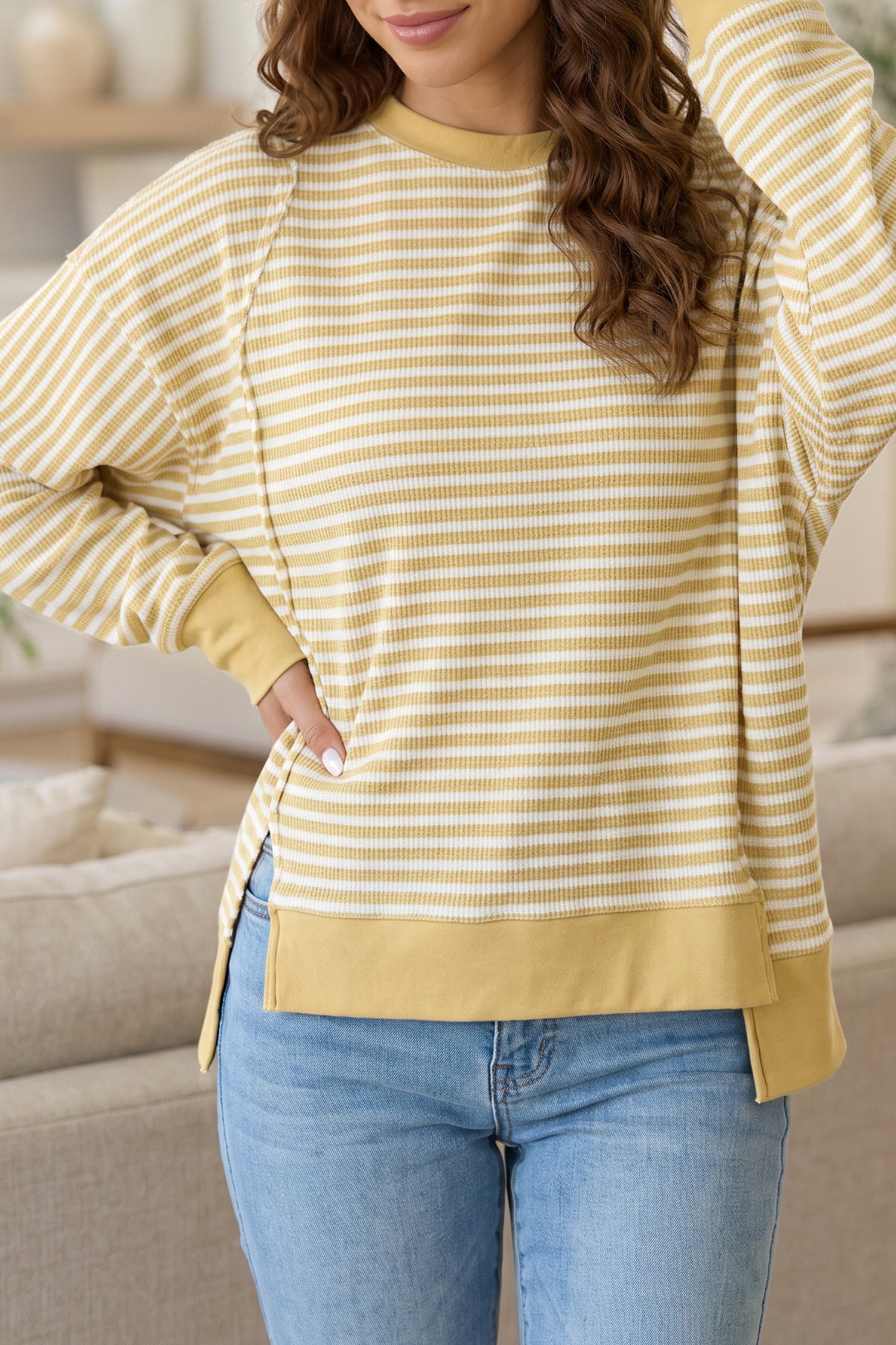 Khaki Stripe Textured Knit Color Block Trim Split Hem Long Sleeve Top
