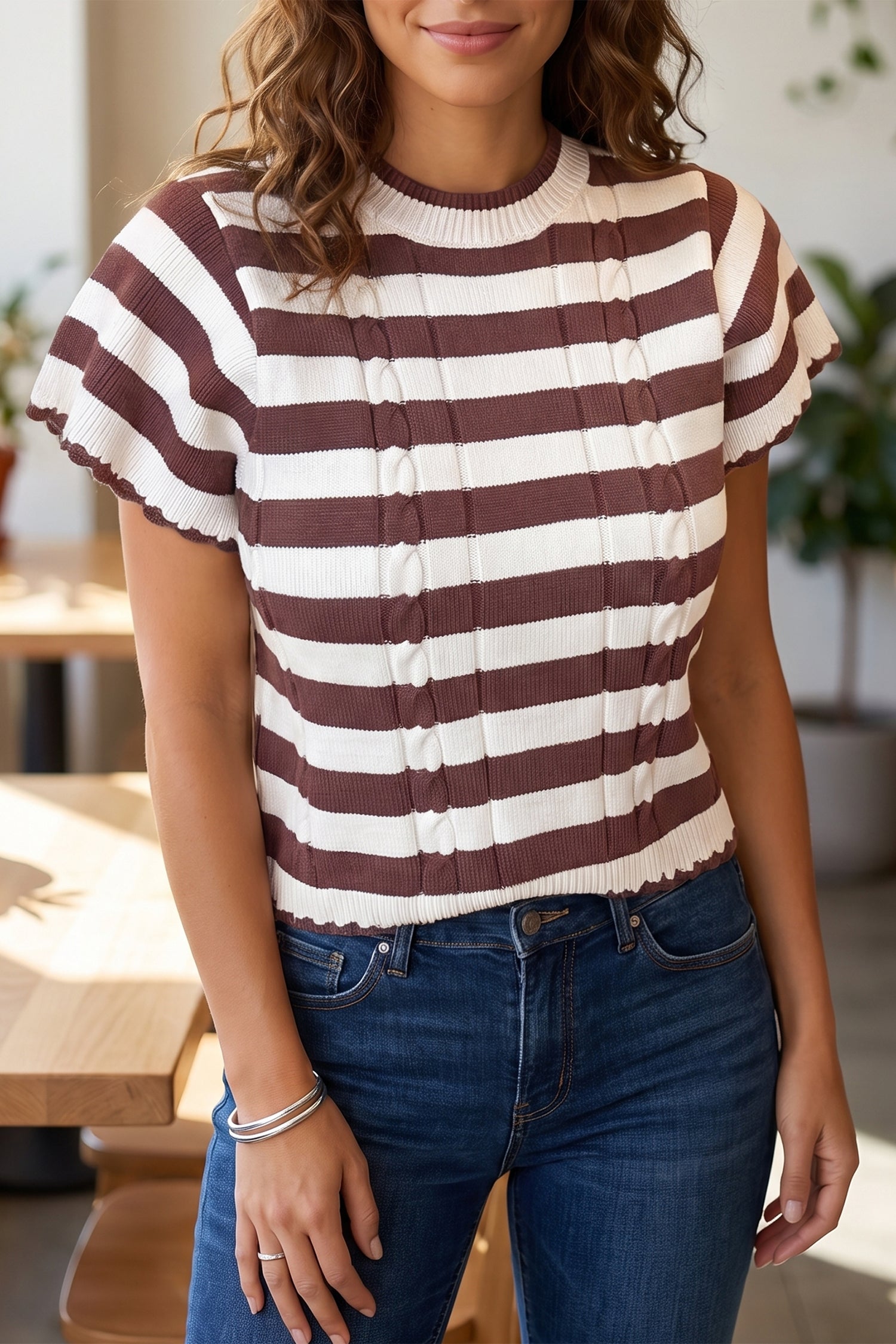 Brown Stripe Ribbed Knit Cable Detail Short Sleeve Sweater