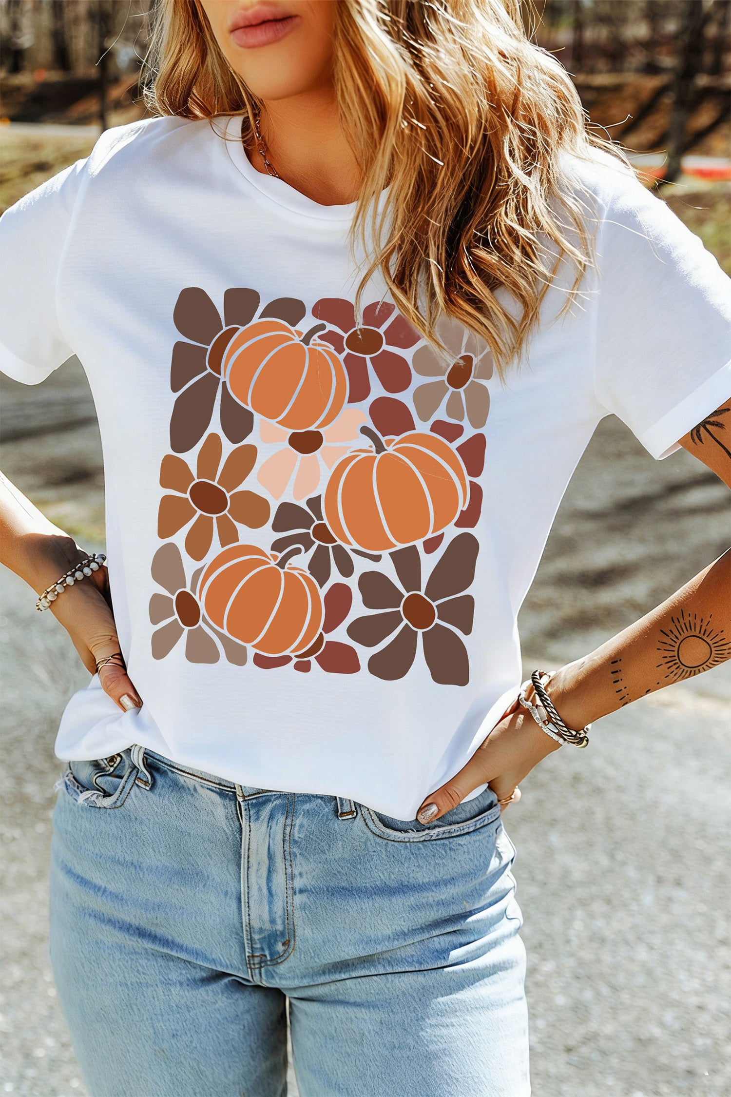 White Floral Pumpkin Print Thanksgiving Casual T-Shirt