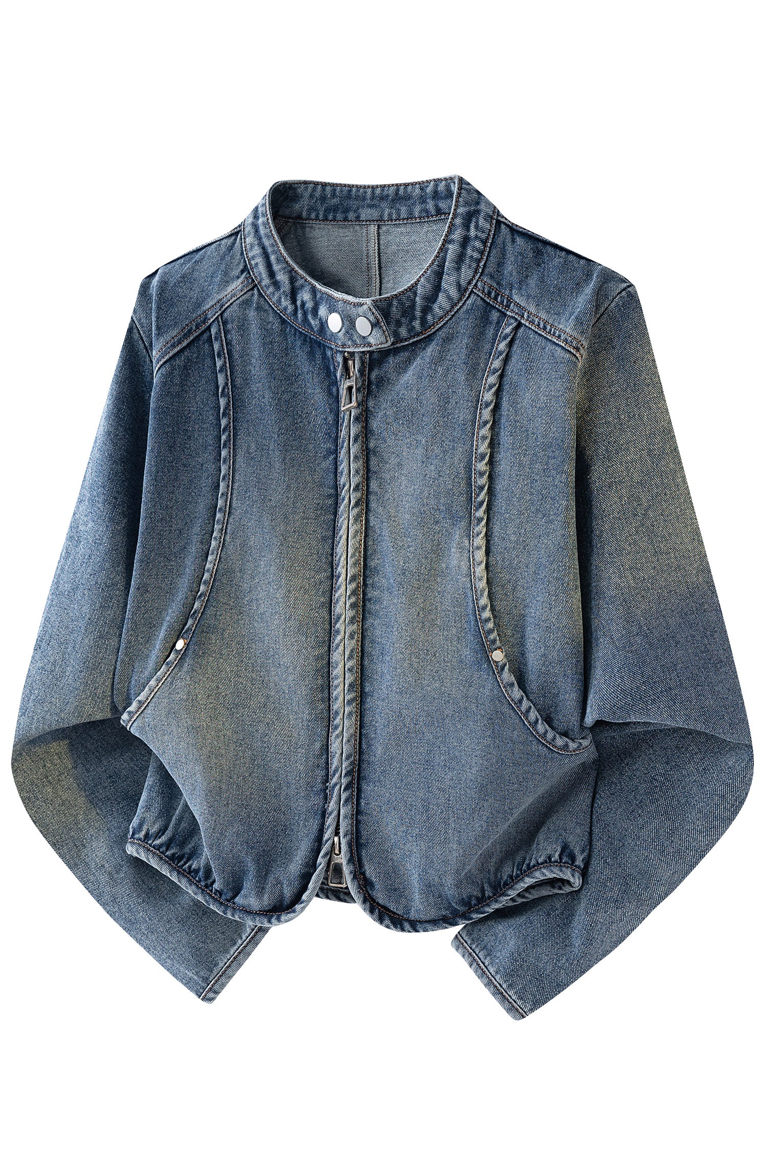 Navy Blue Button Collar Zip Up Vintage Washed Denim Jacket