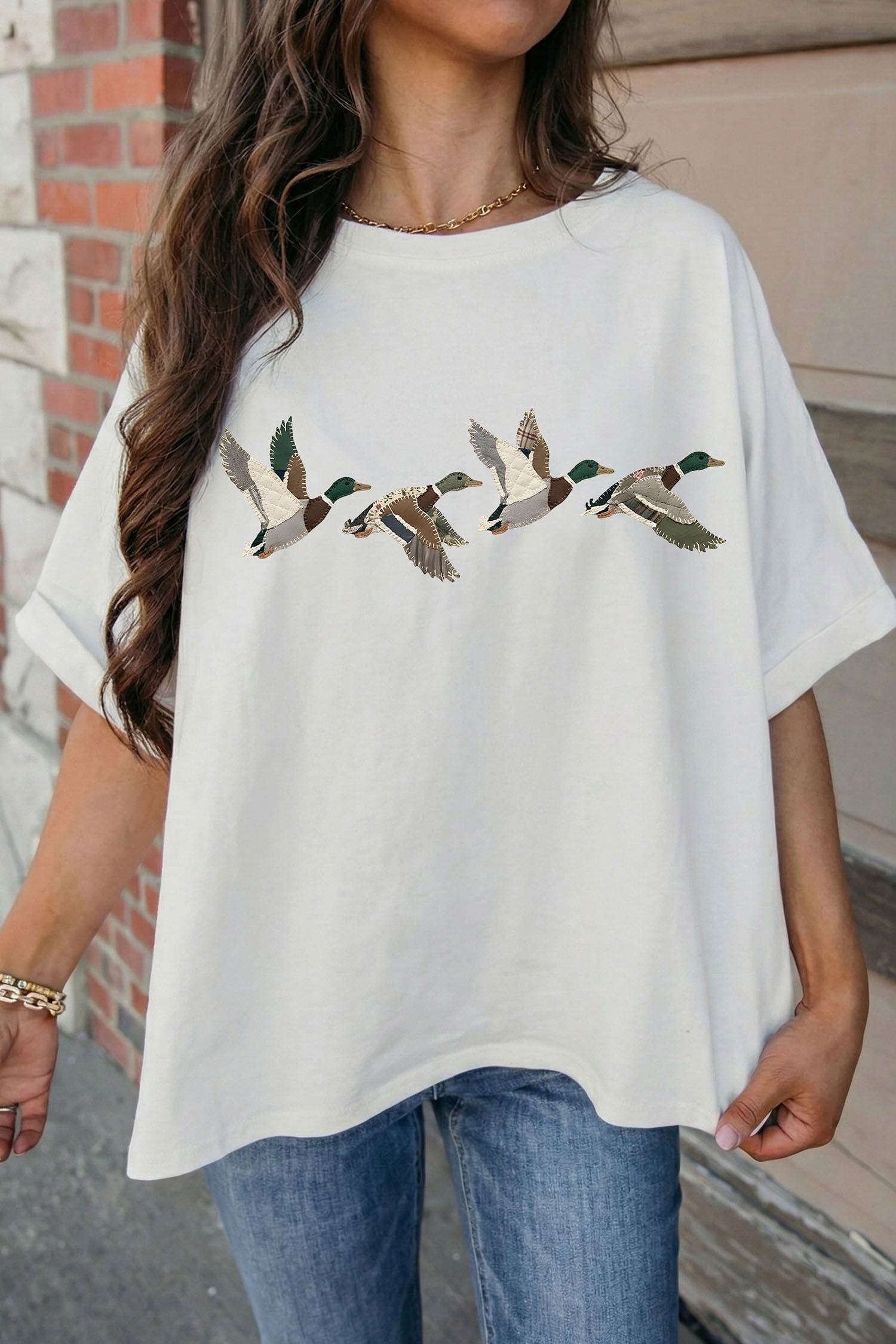 White Flying Mallard Duck Graphic Cuffed Sleeve Oversized Tee