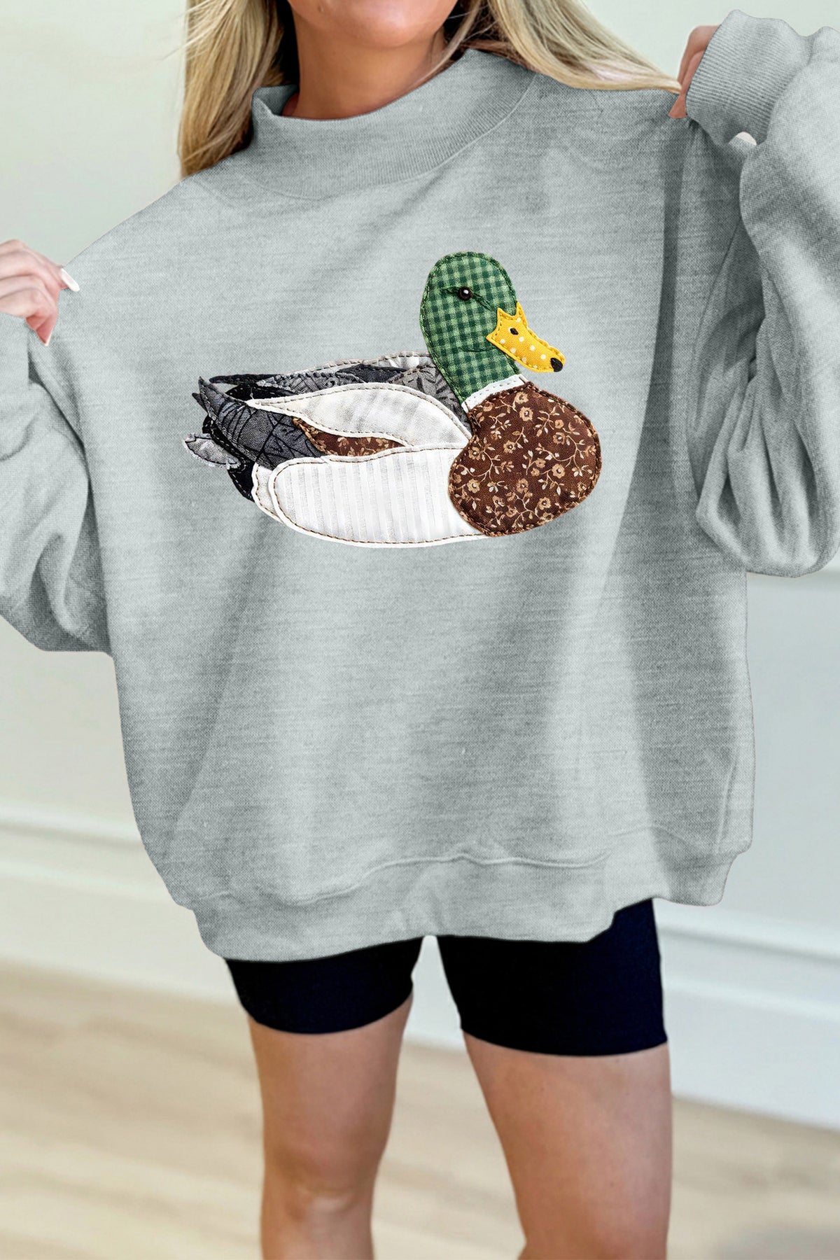 Gray Mallard Patchwork Mock Neck Pullover Sweatshirt