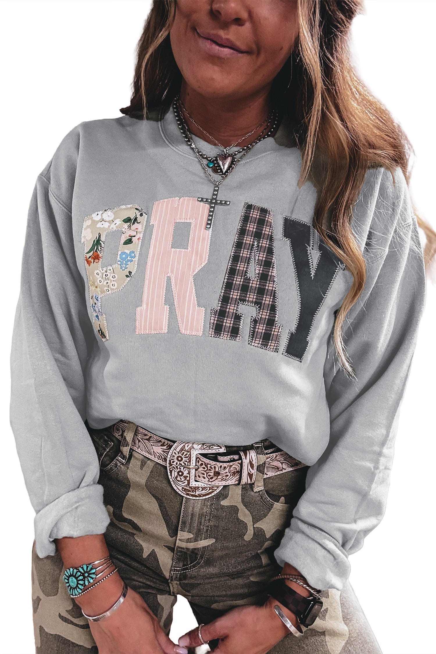 Green Bay Floral Buffalo Plaid Striped Embroidered Patch Western Pullover Sweatshirt