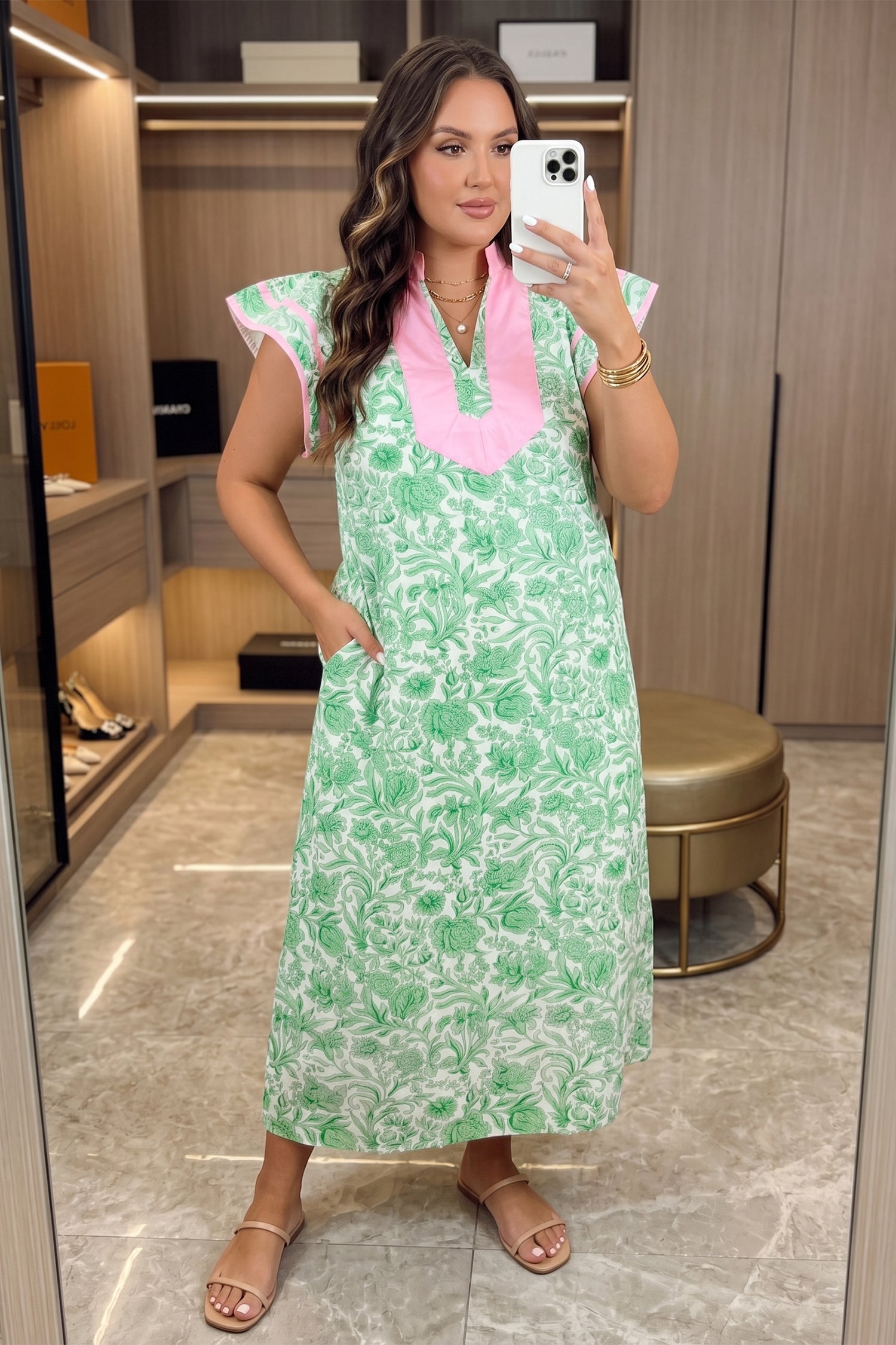 Green Plus Size Contrast Trim Flutter Sleeve Floral Kaftan Maxi Dress