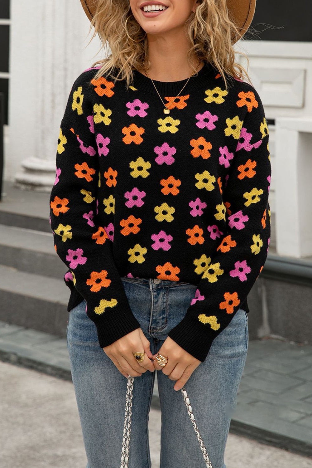 Black Cute Flower Allover Ribbed Trimmed Drop Shoulder Pullover Sweater