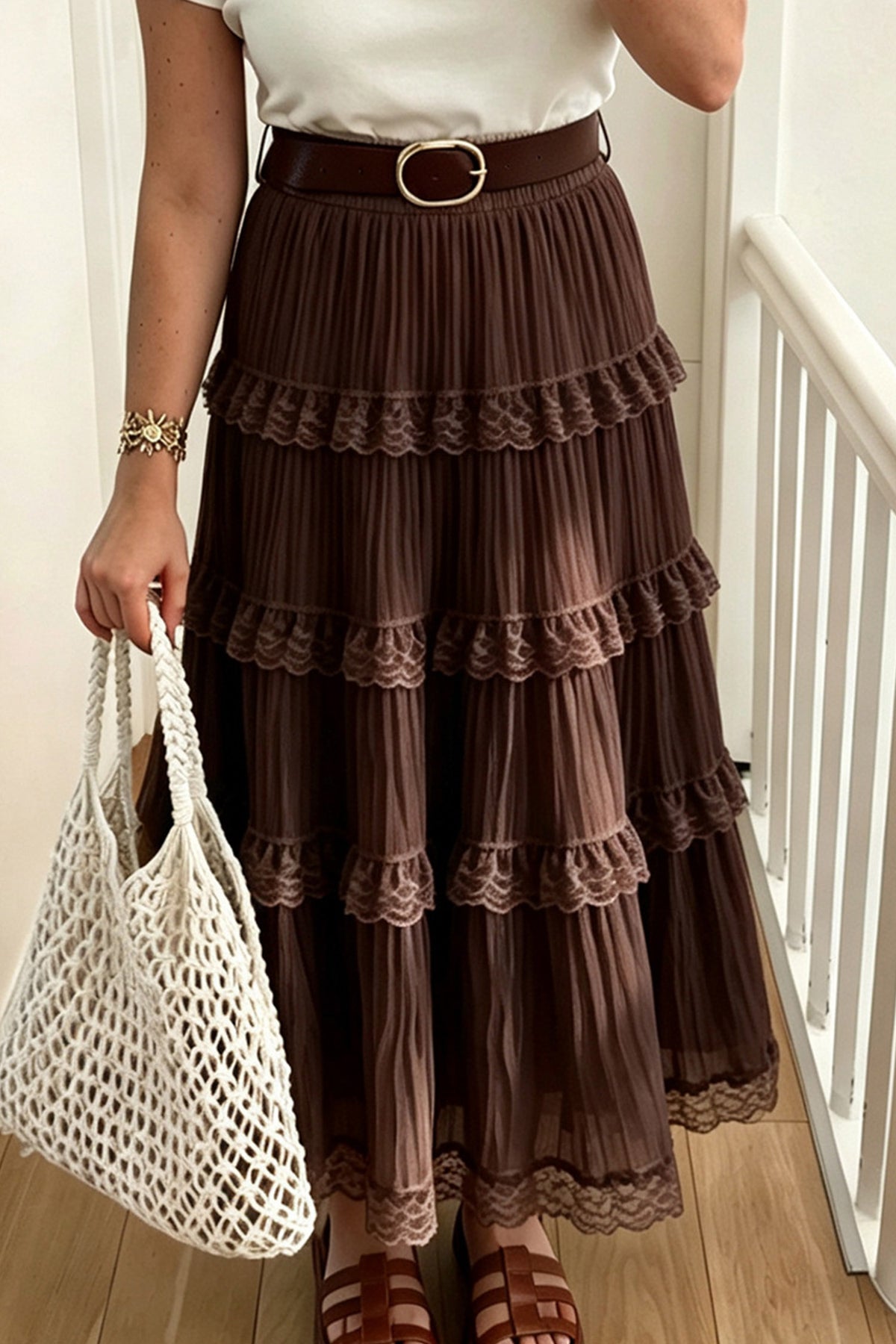 Dark Brown Pleated Tiered Lace Trim Maxi Skirt
