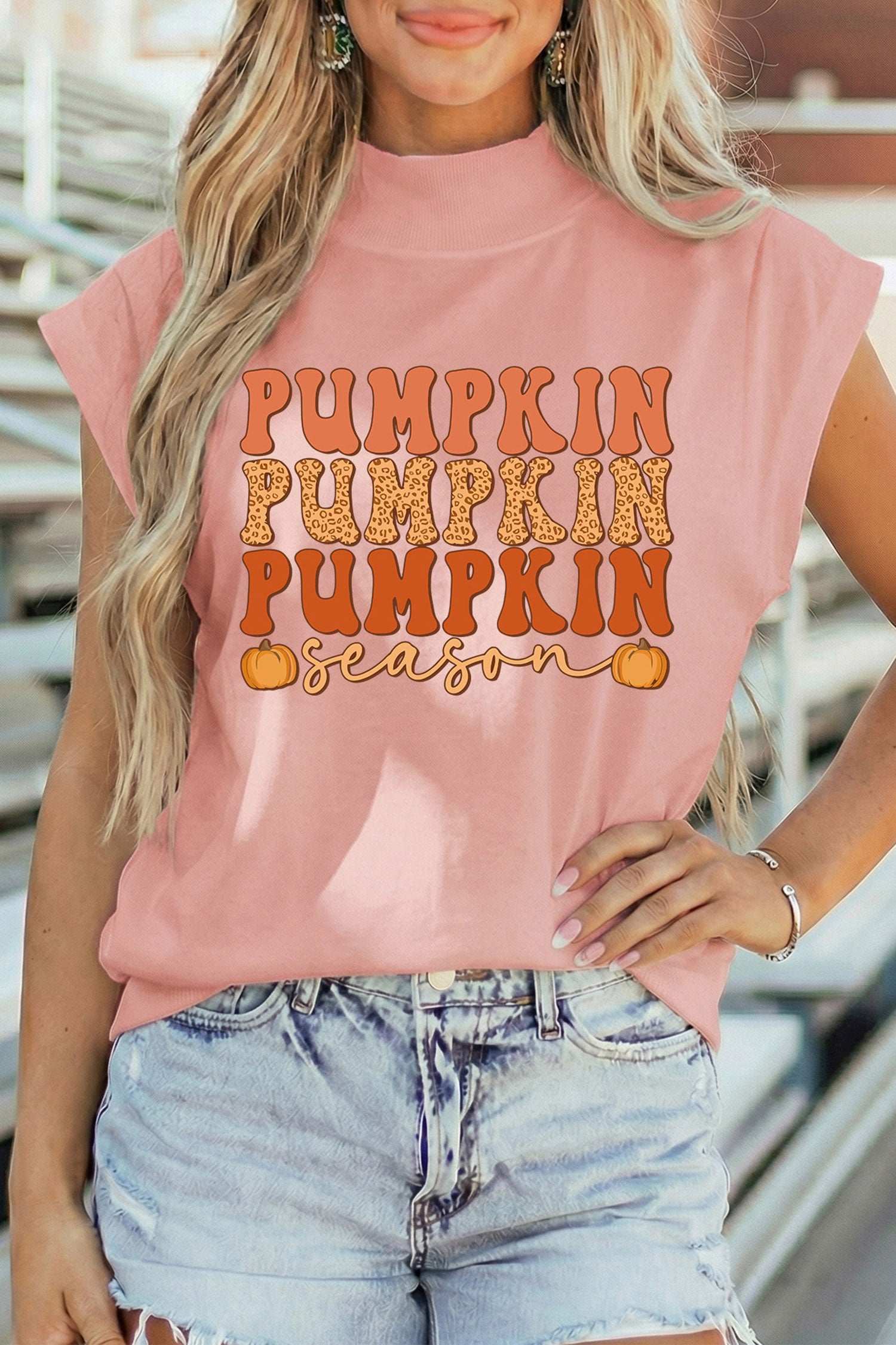 Pink Pumpkin Season Print Graphic Mock Neck T Shirt
