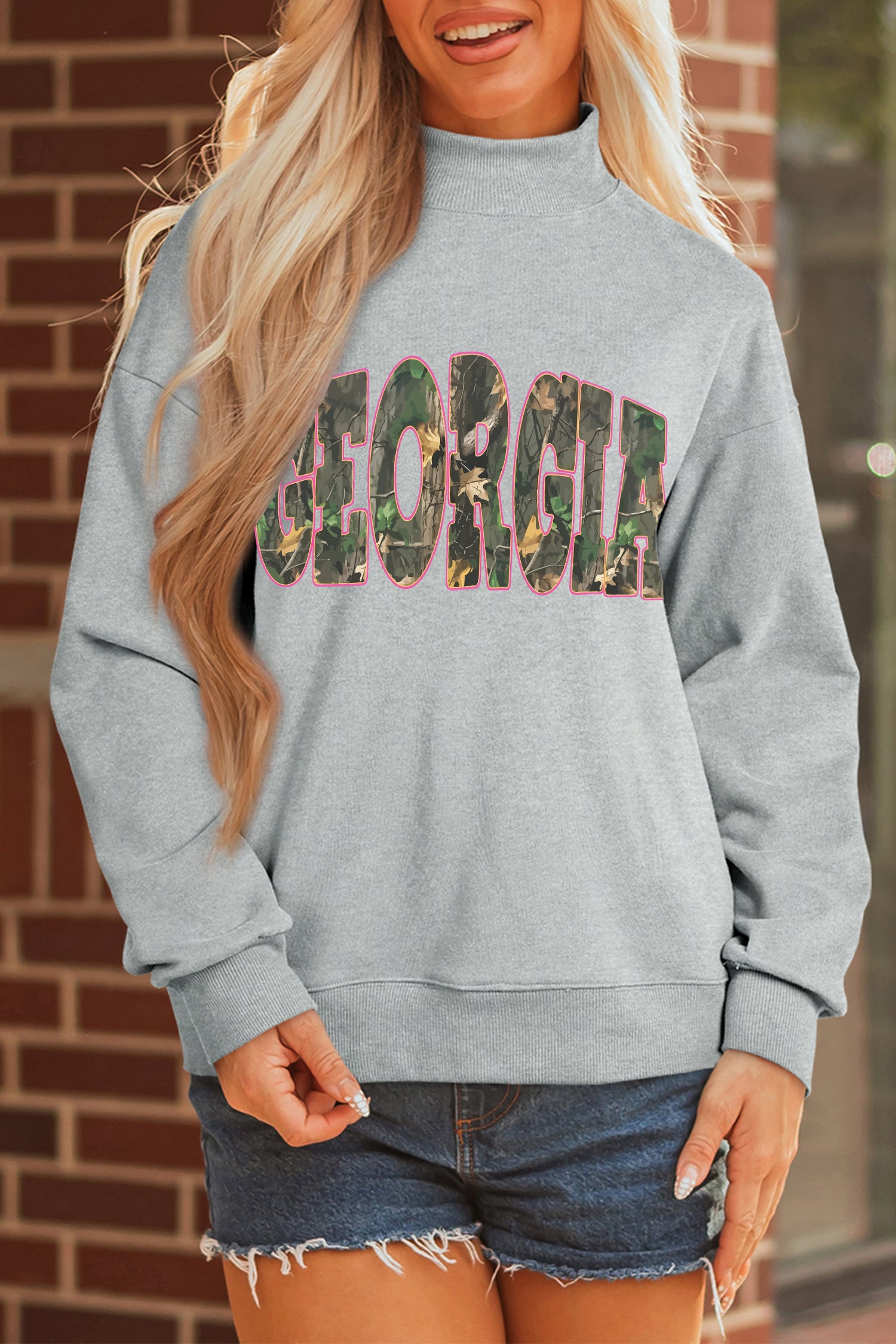 Gray GEORGIA Camo Letter Printed Mock Neck Sweatshirt
