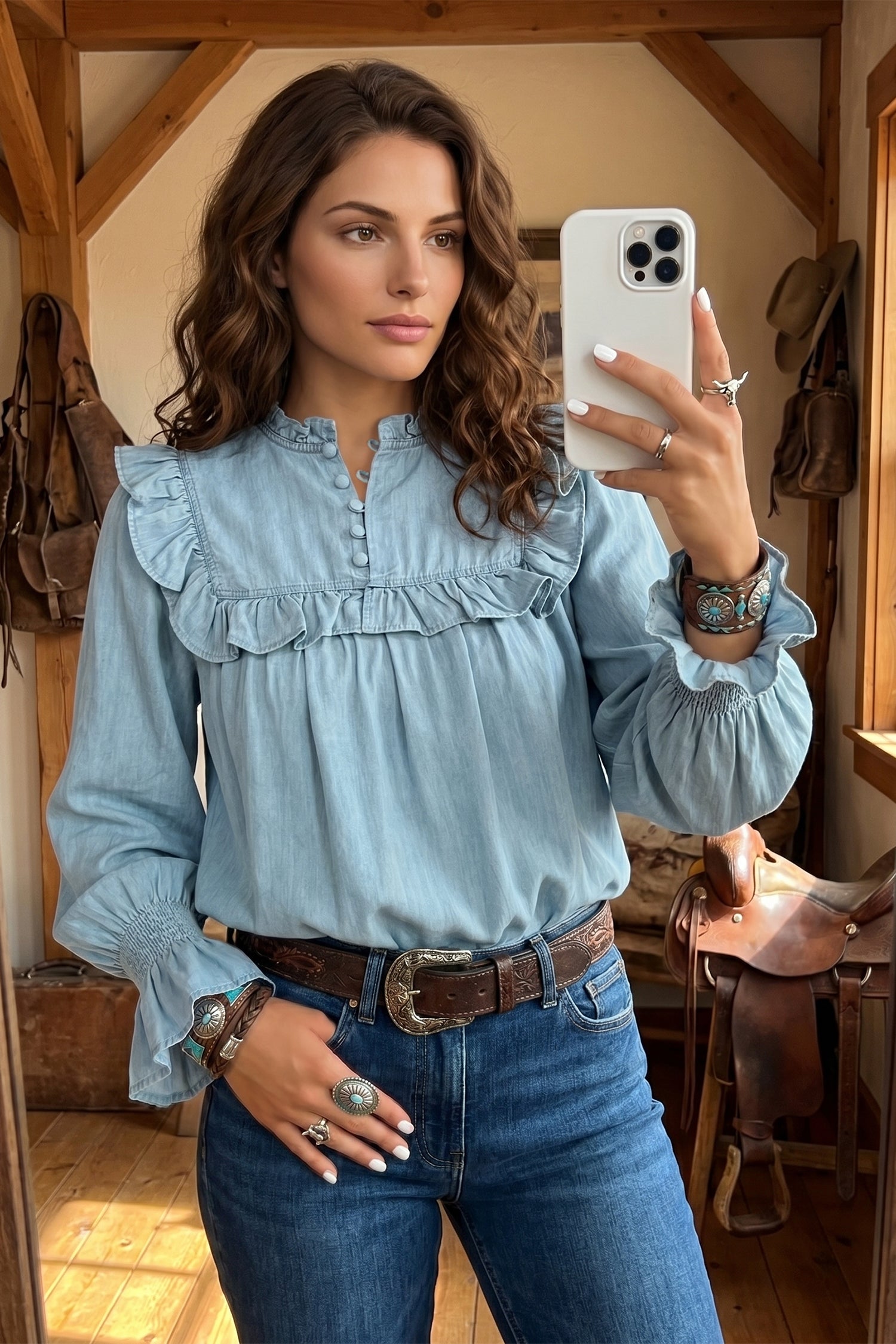 Beau Blue Western Ruffle V Neck Long Sleeve Chambray Blouse