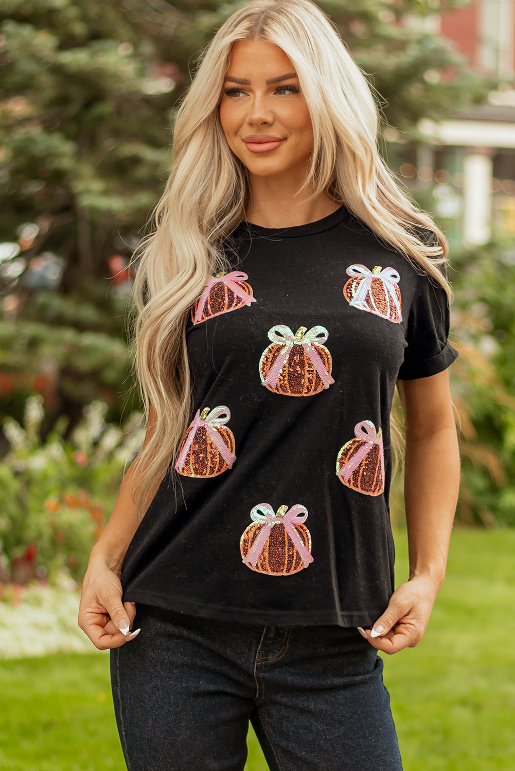 Black Sequin Bow Pumpkin Patched Cotton Blend T Shirt