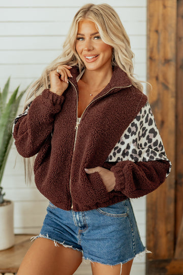 Coffee Leopard Patchwork Fleece Western Style Zip-up Collar Jacket