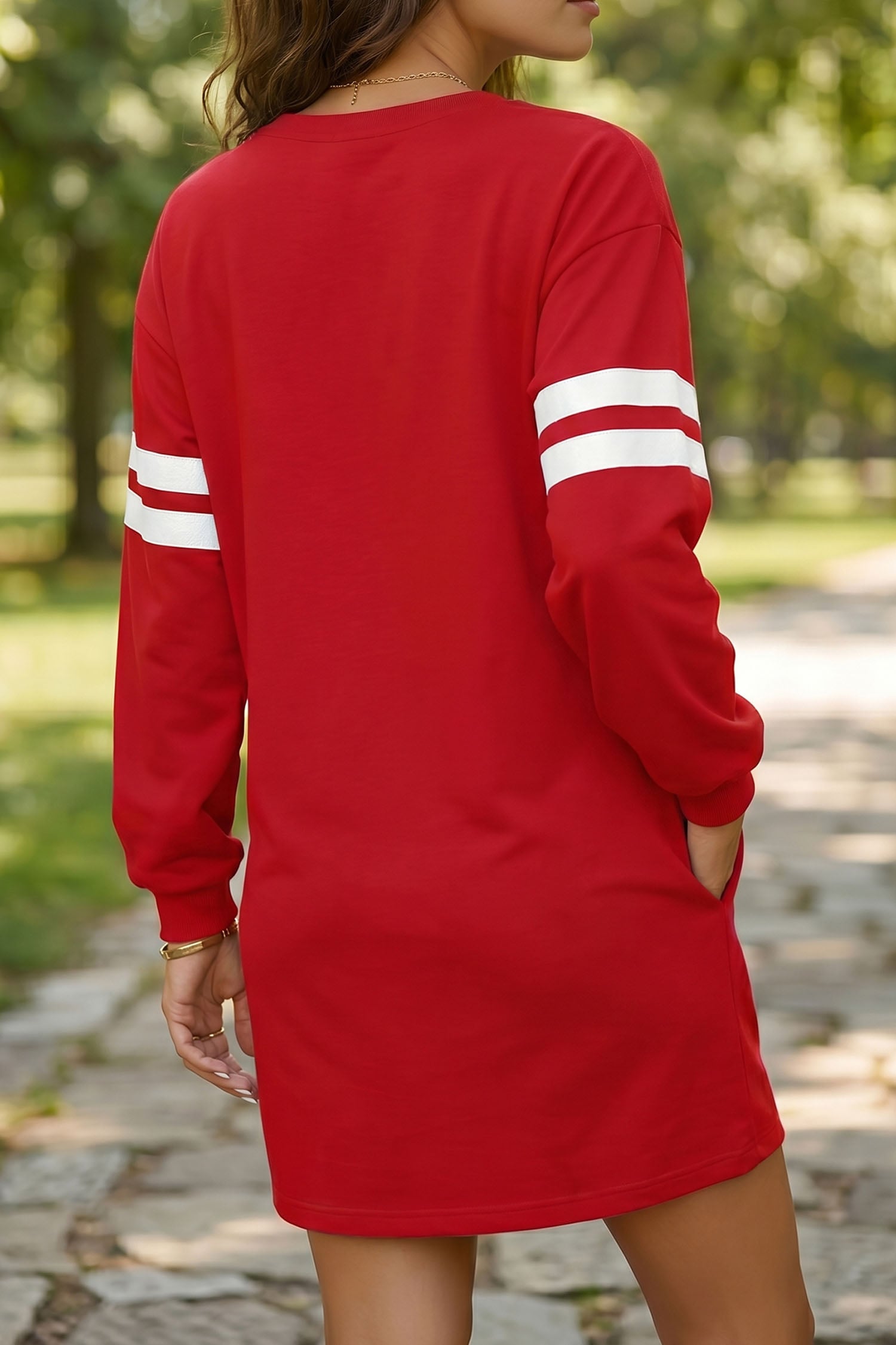 Fiery Red Varsity Striped Sleeve Sequin Rugby Pattern Sweatshirt Dress