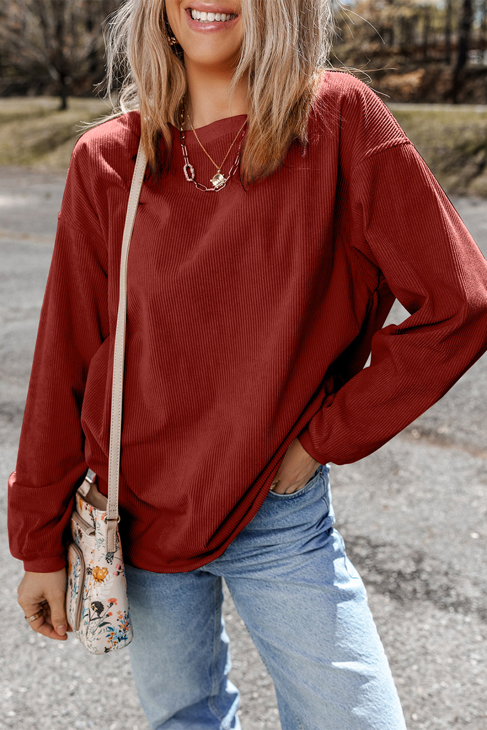 Racing Red JOLENE Ribbed Corded Oversized Sweatshirt