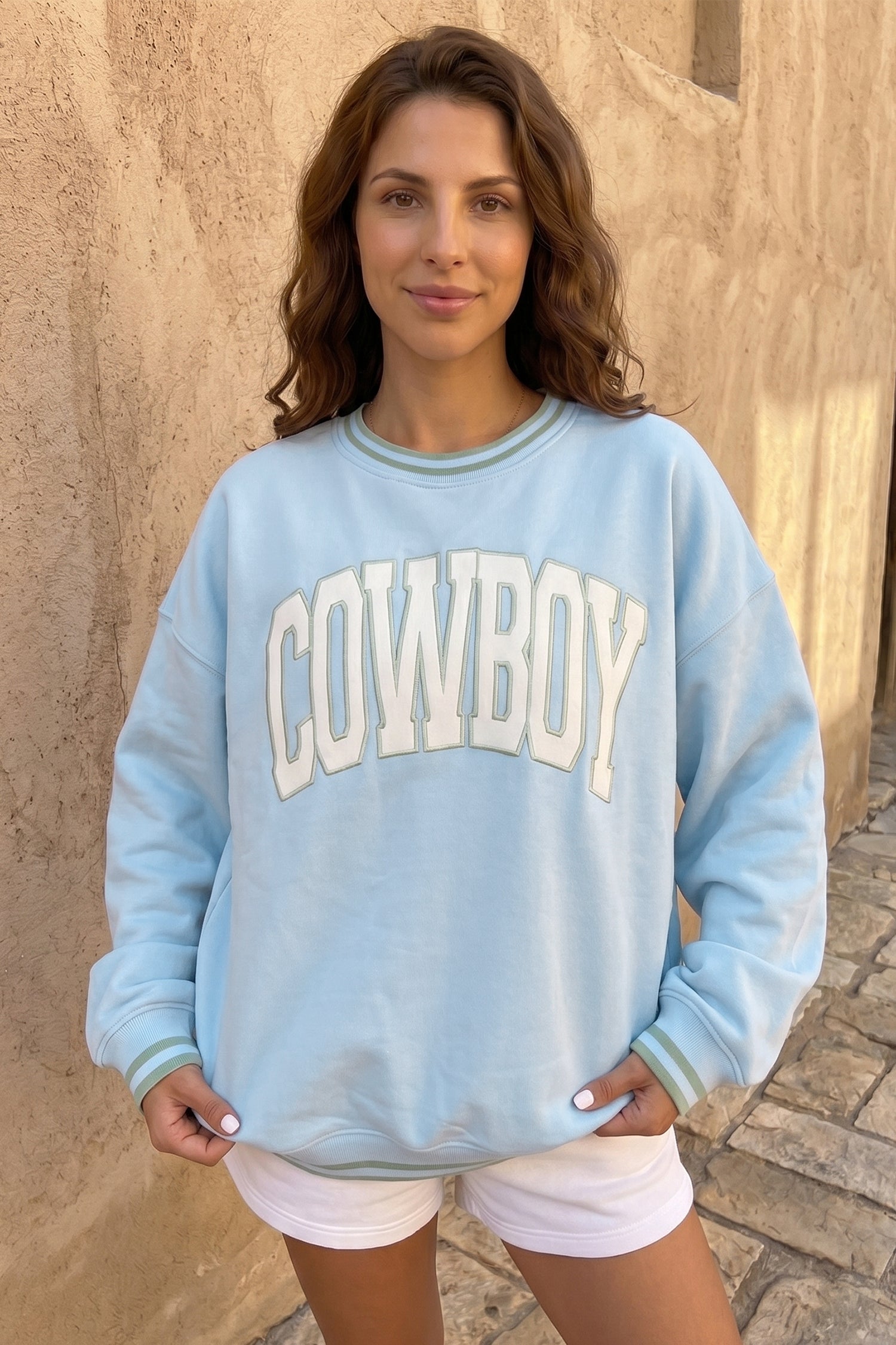 Beau Blue Embroidered Cowboy Letter Print Long Sleeve Round Neck Sweatshirt