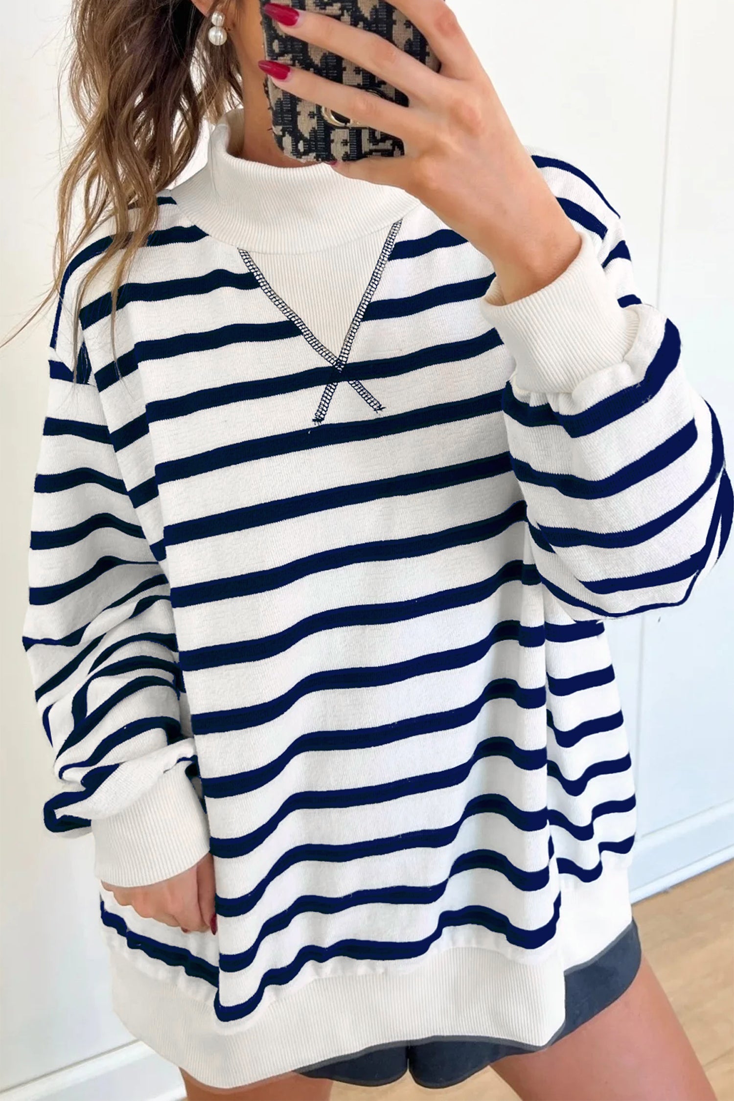 Blue Stripe Striped Stand Neck Long Sleeve Ribbed Cuff Hem Sweatshirt