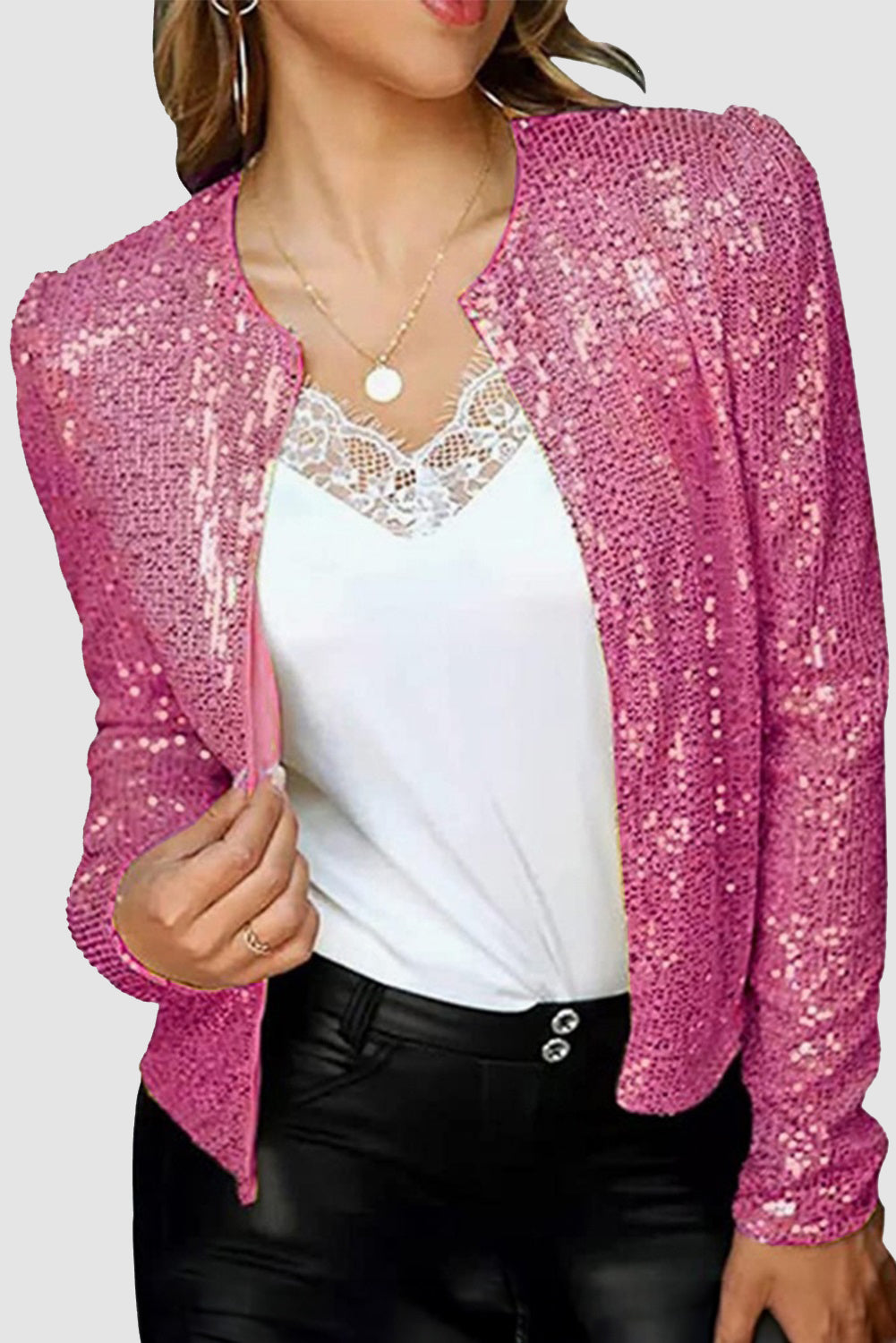 Bright Pink Sequin Allover Party Club Bomber Jacket