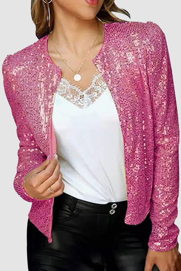 Bright Pink Sequin Allover Party Club Bomber Jacket