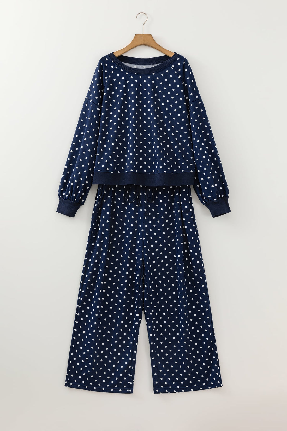 Blue Polka Dot Round Neck Long Sleeve Plus Size Set