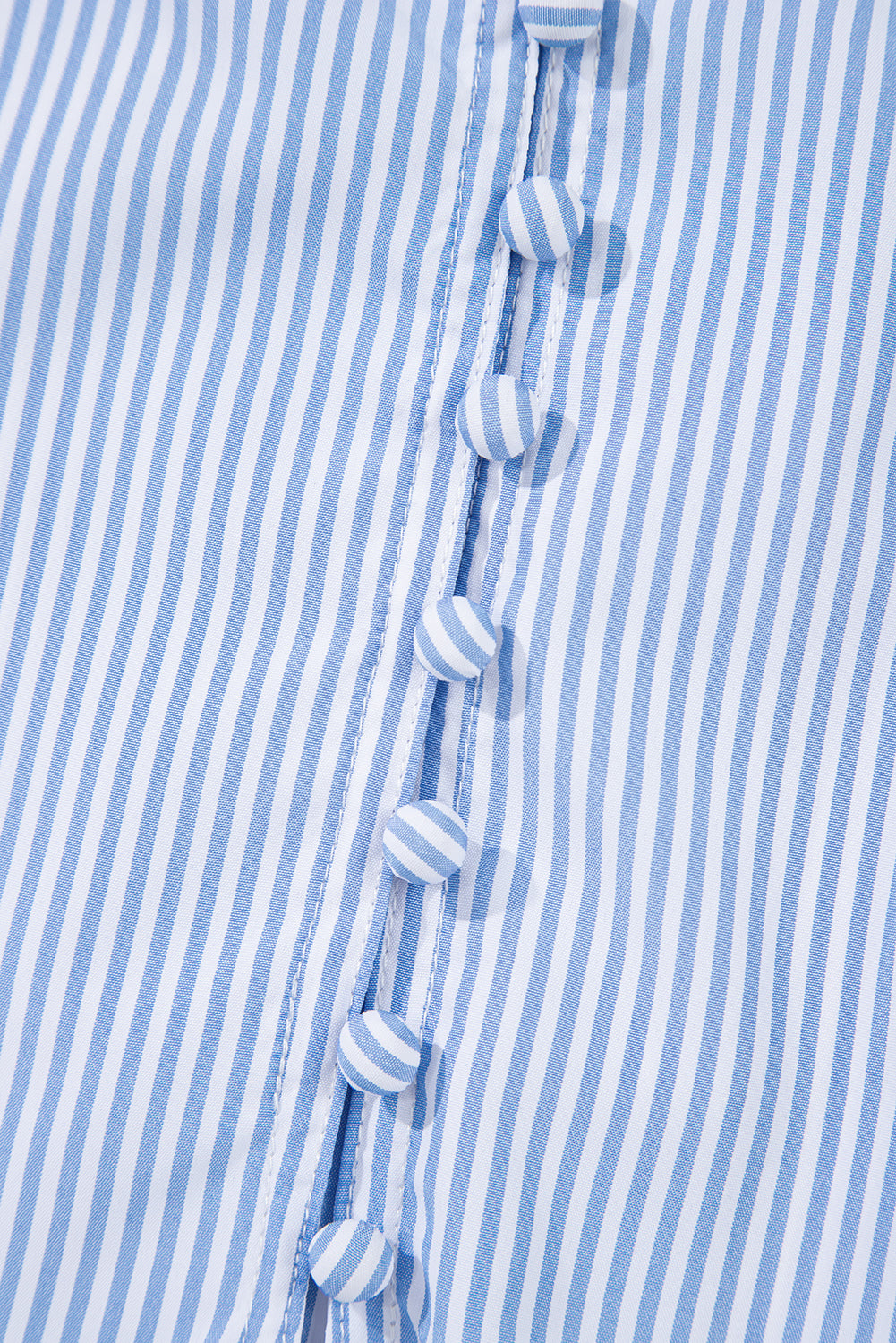 Sky Blue Stripe Ruffled Collar Puff Sleeve Half Buttons Blouse