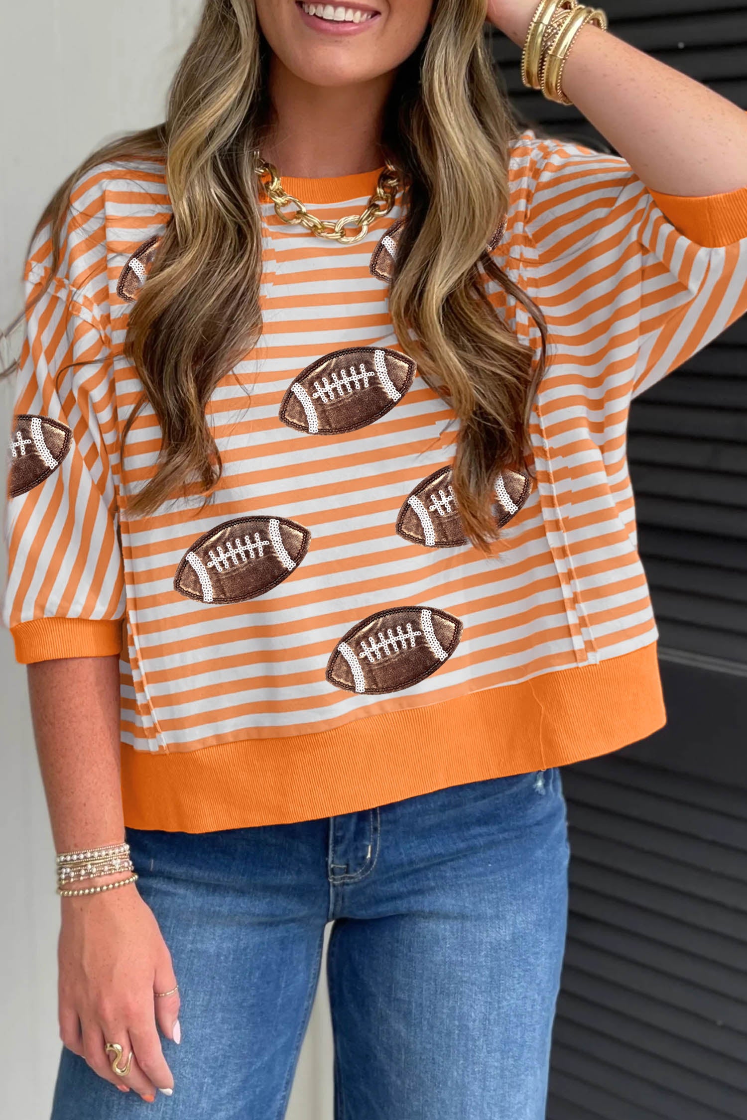 Orange Stripe Sequin Football Graphic Three Quarter Sleeve Top
