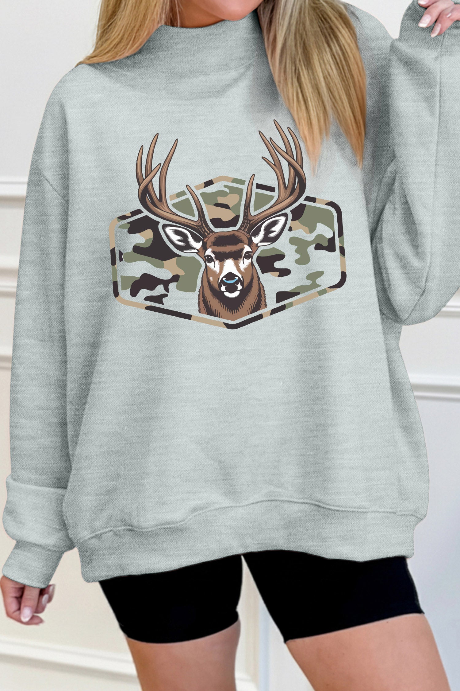 Gray Oversize Camouflage Reindeer Print Mock Neck Sweatshirt