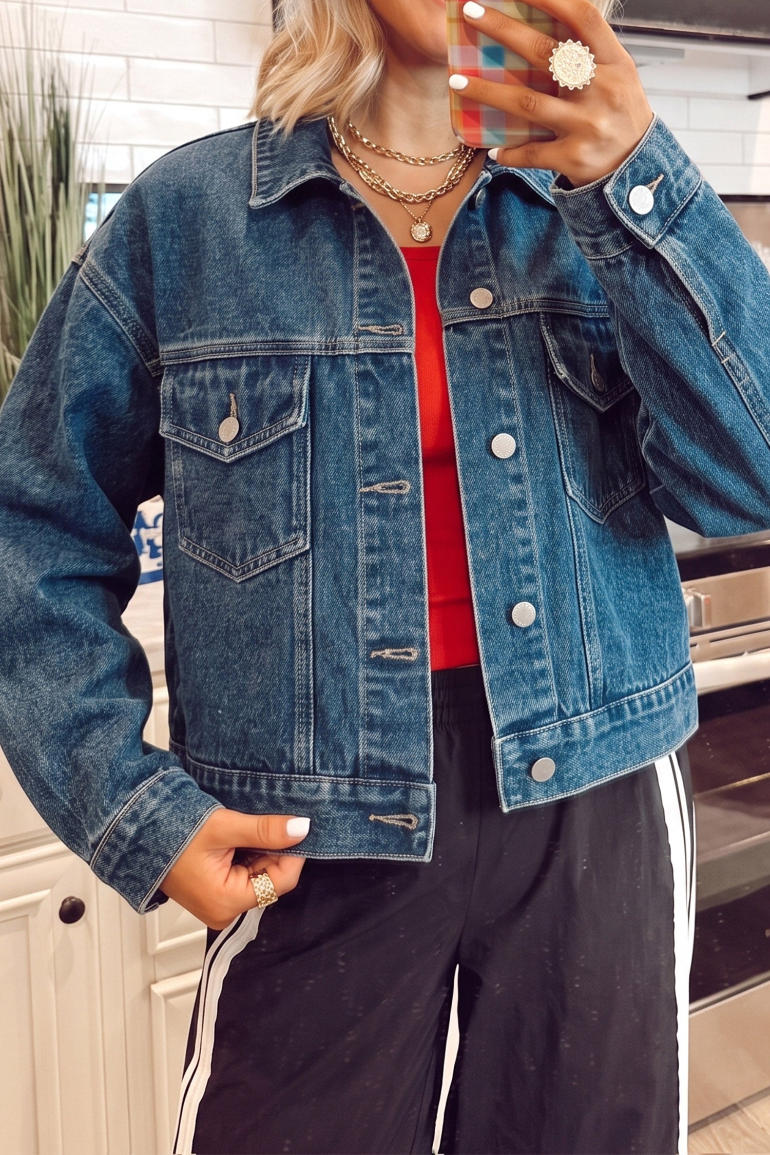 Navy Blue Vintage Button Flap Pocket Casual Denim Jacket