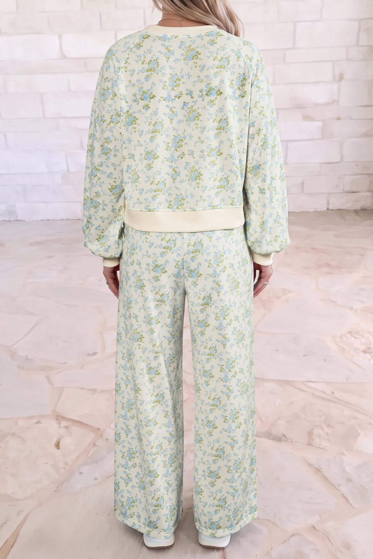 Sky Blue Floral Print Long Sleeve Top Drawstring Wide Leg Pants Set