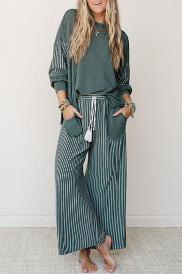 Green Bay Raw Seam Patchwork Long Sleeve Top Pocket Casual Pants 2pcs Set