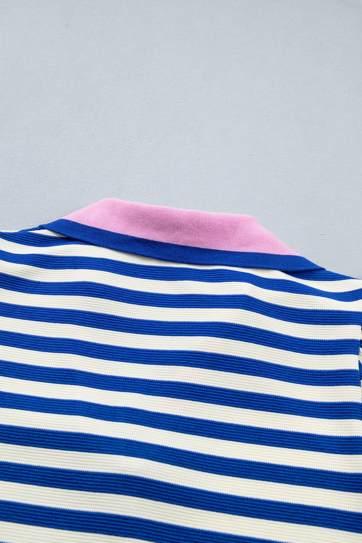 Blue Stripe Contrast Trim Polo Collar Ruffled Short Sleeve Blouse