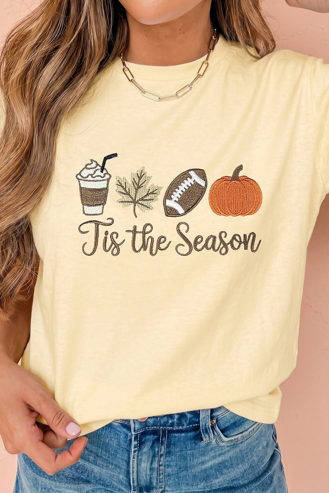 Yellow Cream Tis the Season Embroidered Fall Icons Casual Round Neck Tee