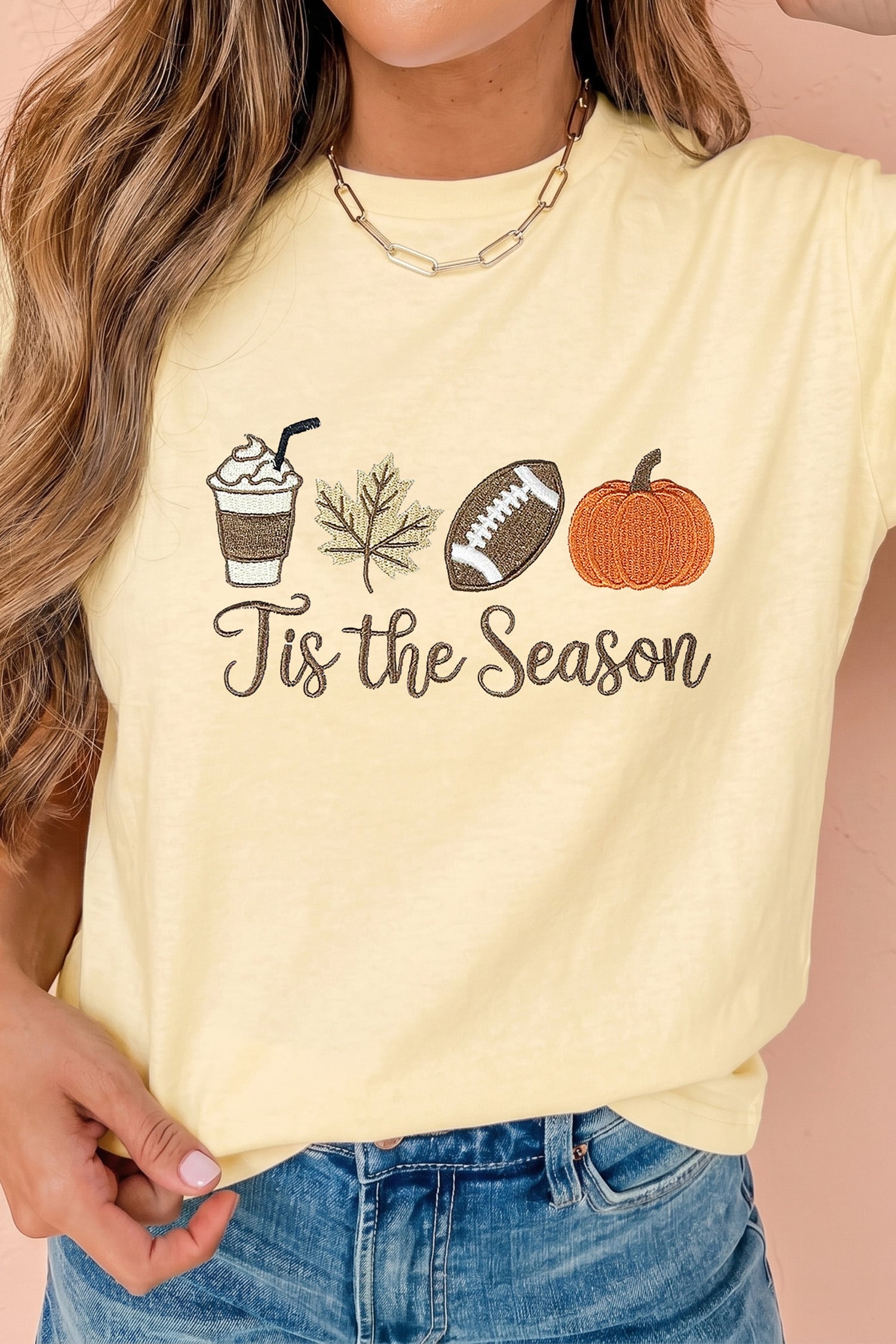 Yellow Cream Tis the Season Embroidered Fall Icons Casual Round Neck Tee