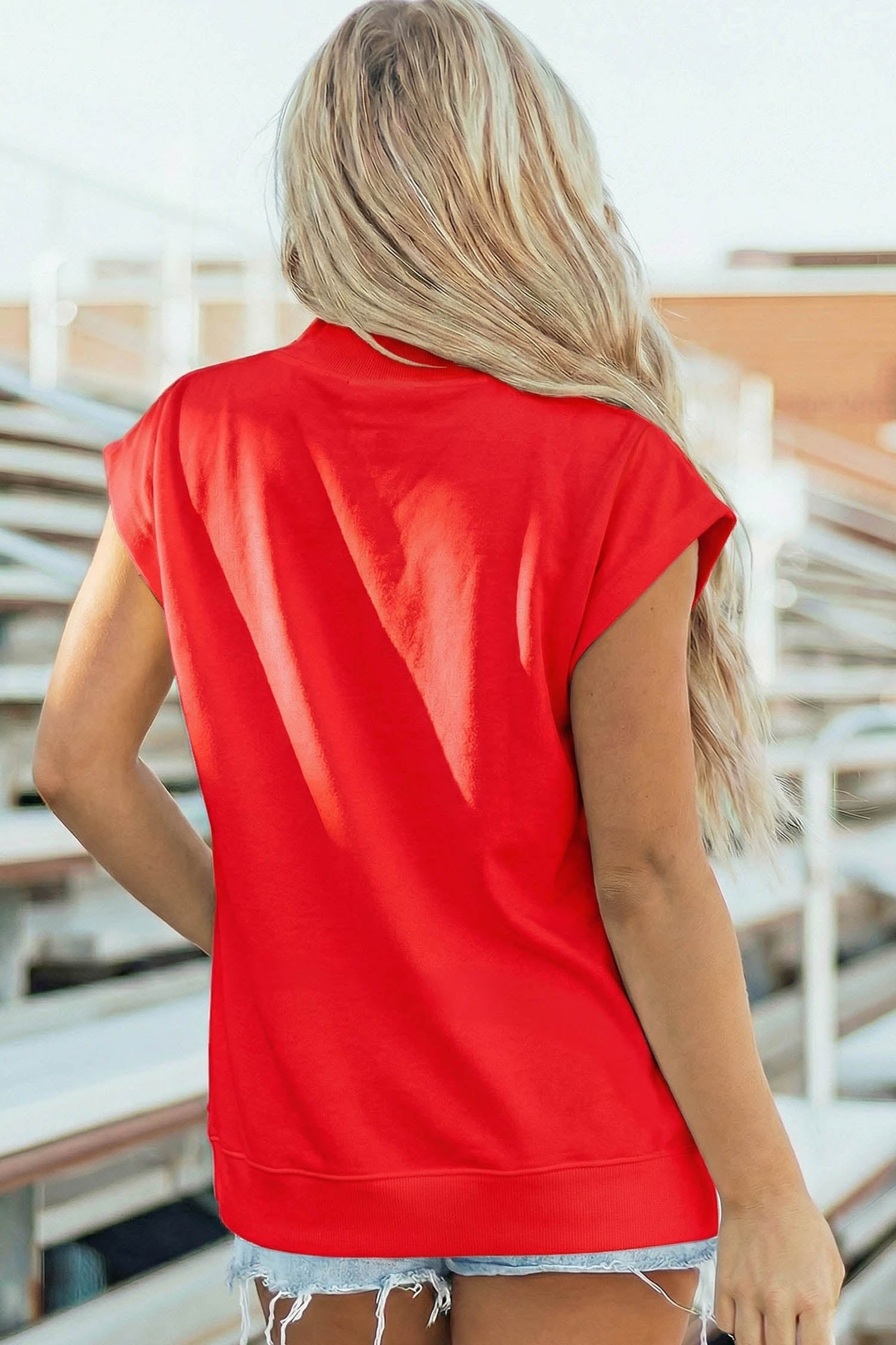 Racing Red Sequin American Flag Balloon Dog High Neck Short Sleeve Top