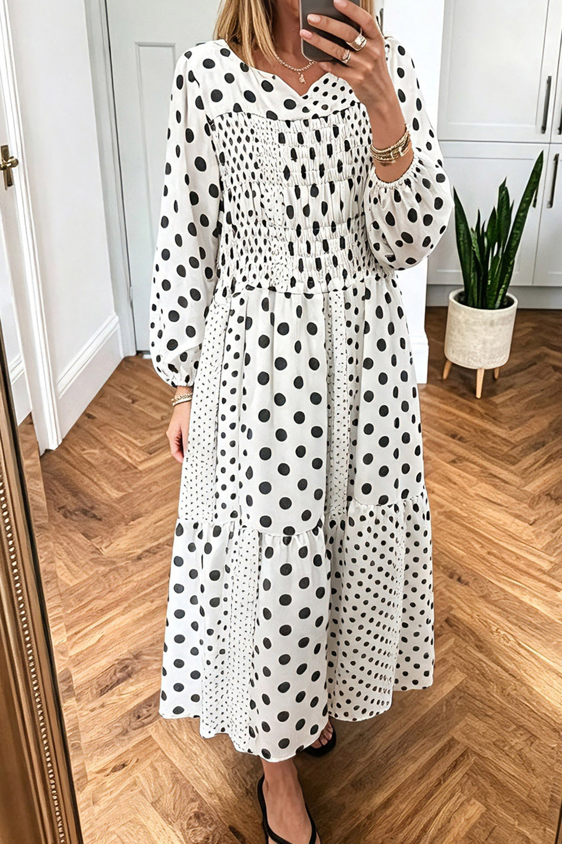 White Polka Dot Contrast Patchwork Long Sleeve Shift Dress