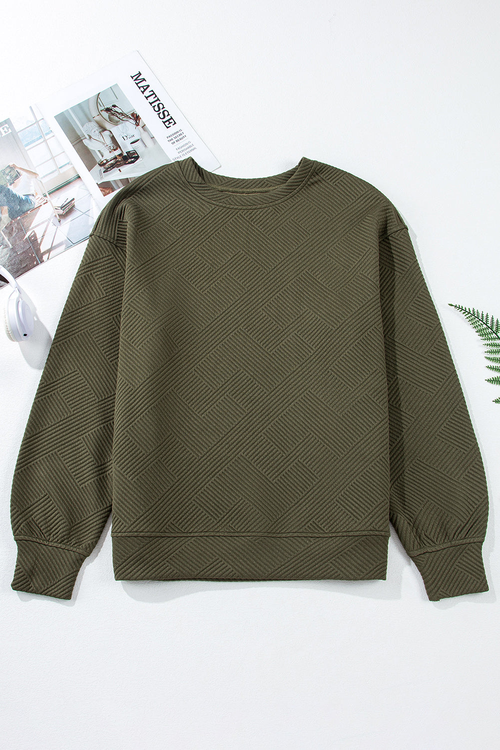 Jungle Green Solid Color Textured Round Neck Drop Shoulder Pullover Sweatshirt
