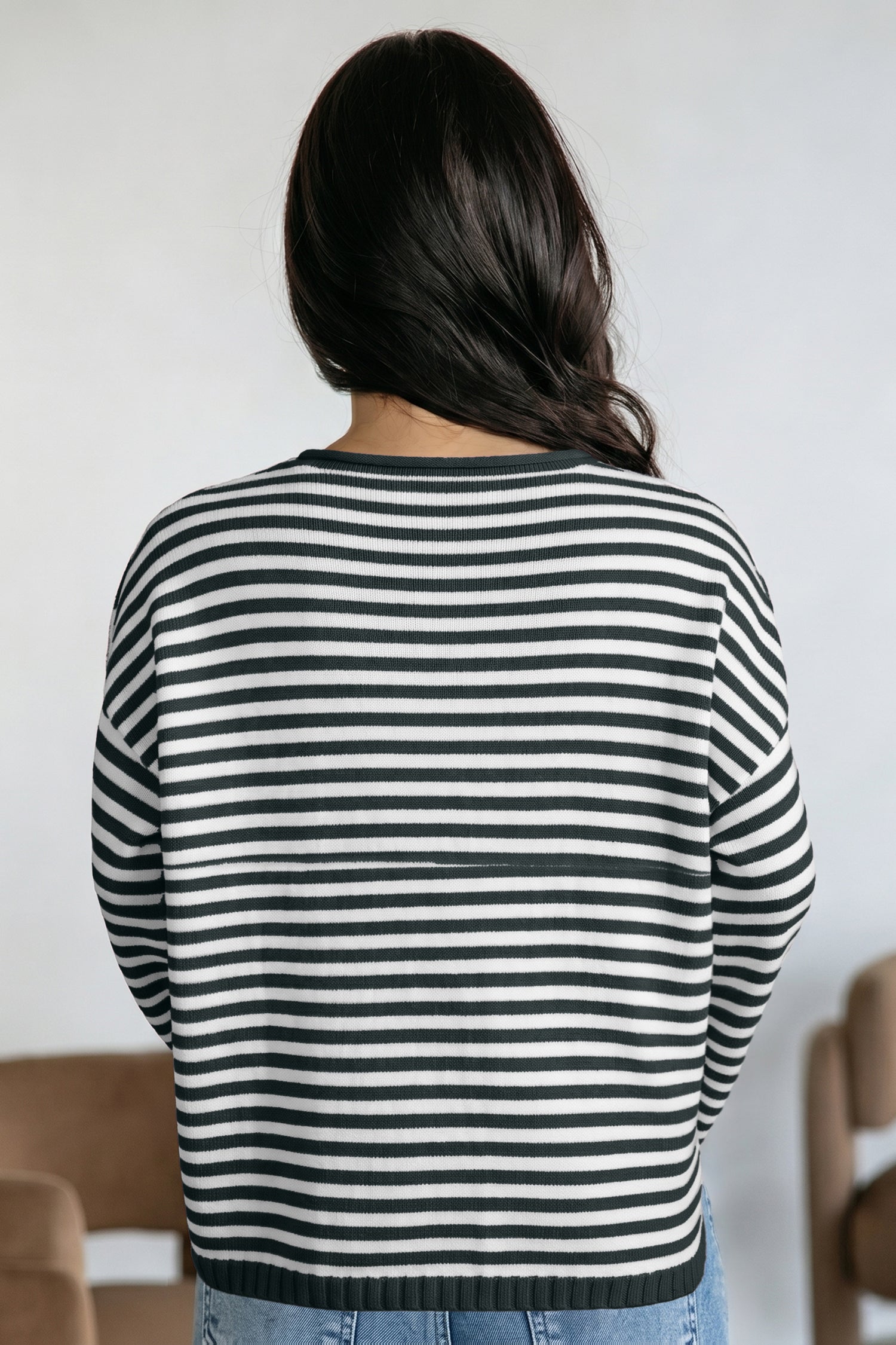 Green Stripe Striped Button Placket Drop Shoulder Long Sleeve Sweater