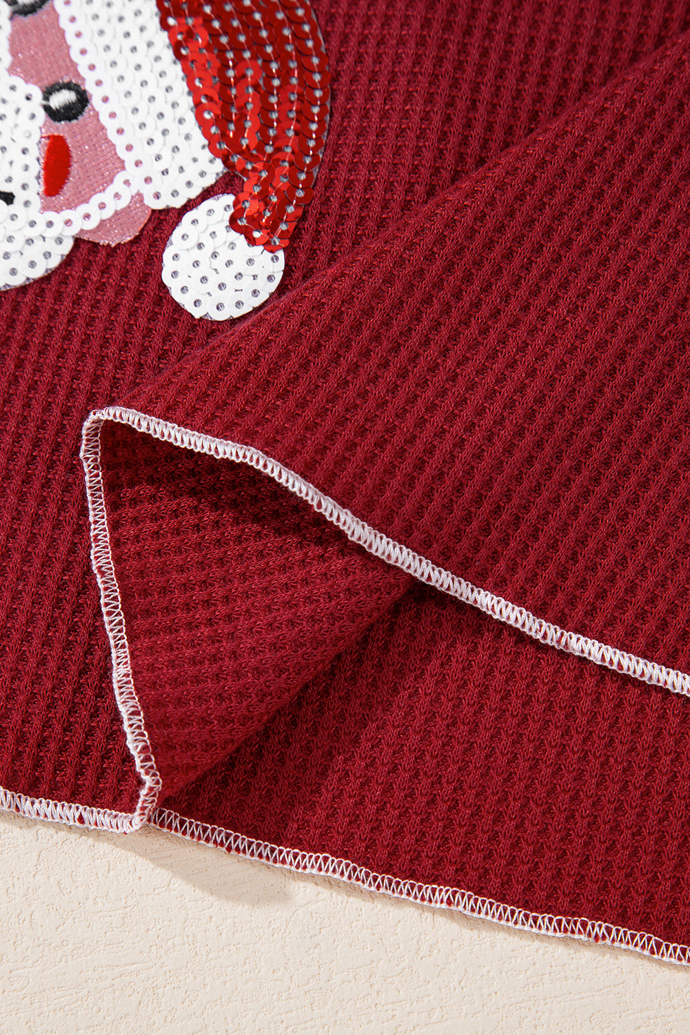 Red Sequin Santa Claus Graphic Textured Long Sleeve Top