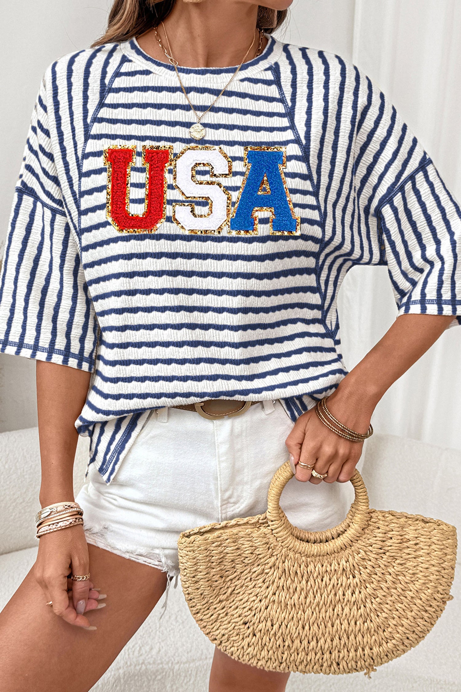 Blue Stripe Textured Knit USA Chenille Lettering Oversize Tee
